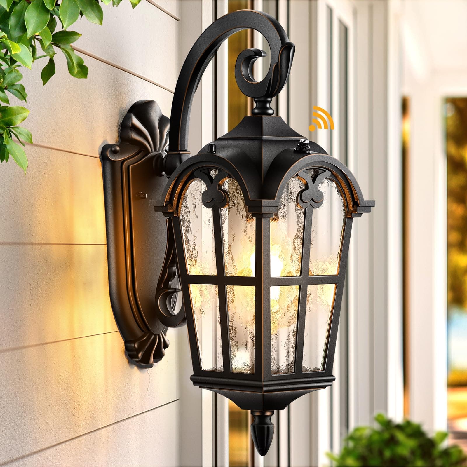 VIANIS Outdoor Wall Light, 16.9" Black Dusk to Dawn Outdoor Lighting with Gold Trim, Outdoor Light Fixtures Wall Mount with Tempered Water Ripple Glass for Patio, Entryway, Waterproof Anti-Rust