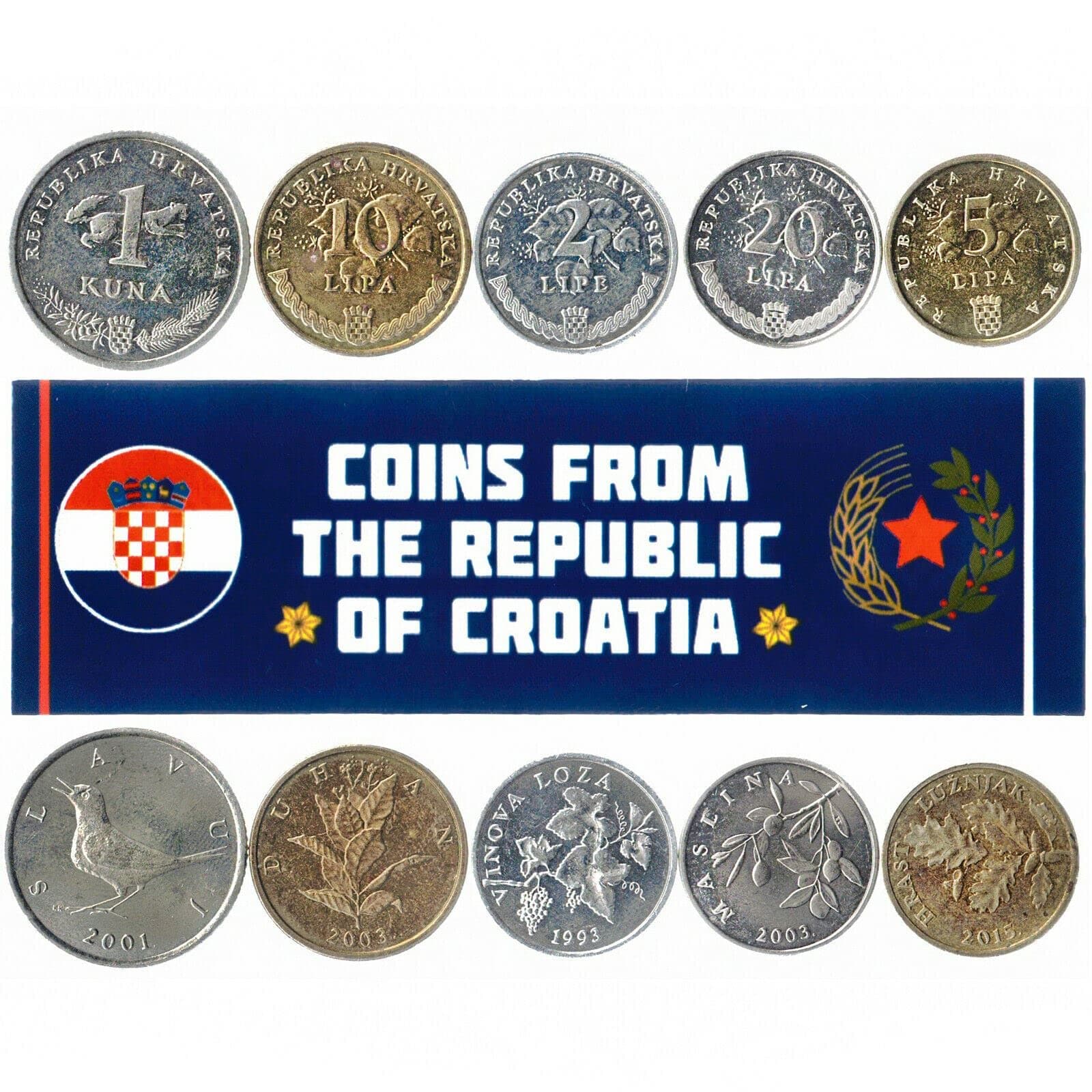 Croatia 5 Mixed Coins | 1 Lipa - 1 Kuna | Hrvatska | Croatian Currency Since 1993