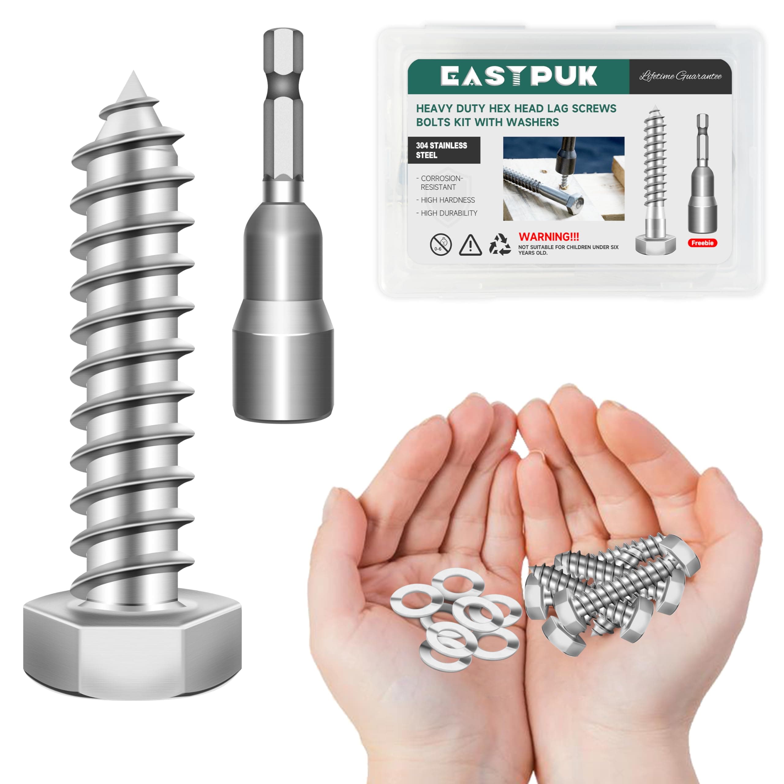 EASTPUK (20Sets) 5/16 Bolt, 5/16" x 1-1/4" Hex Head Lag Screws, Heavy Duty Lag Bolts with Washers, 304 Stainless Steel 18-8, 5/16 Bolt for Wood, Fully Threaded