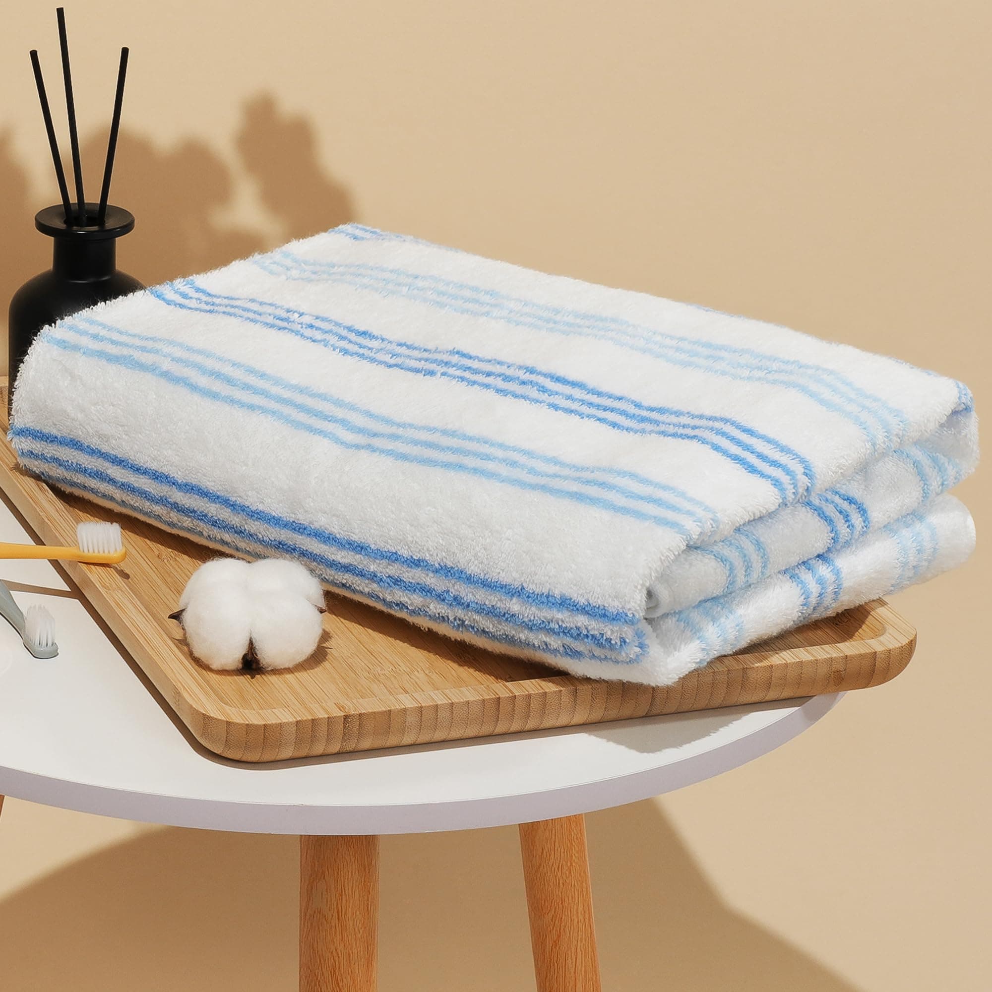 Vie Triomphe Classic Striped Cotton Bath Towel, 27.5 x 55 Inch Soft Absorbent Quick Dry Bathroom Towel, Lightweight Colorful Decorative Towel for Shower, Guest Bath, Gym & Beach (Blue)