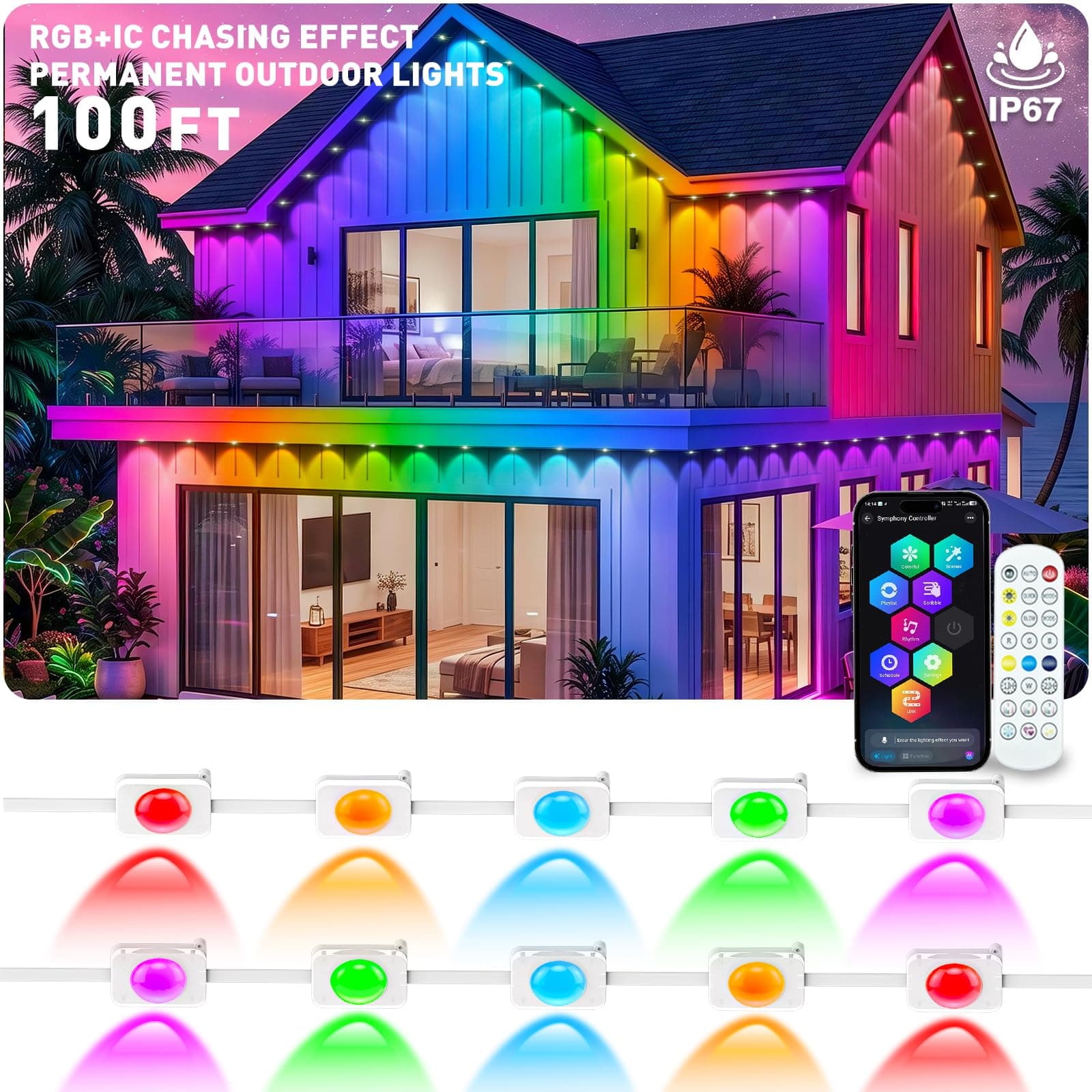 AMURTH Permanent RGB+IC Eave Lights 500FT, IP67 Waterproof LED, App Music Sync for Home & Holiday Decor