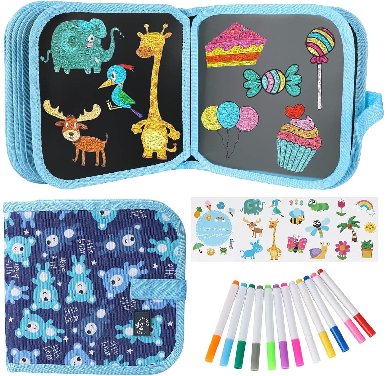 Qrytoi Erasable Book Doodle Set for Kids, Reusable Magic Drawing Book for Kids with 12 Watercolor Pens 14 Page Drawing, Road Trip Car Game Writing Painting Set for Boys and Girls (Bear)