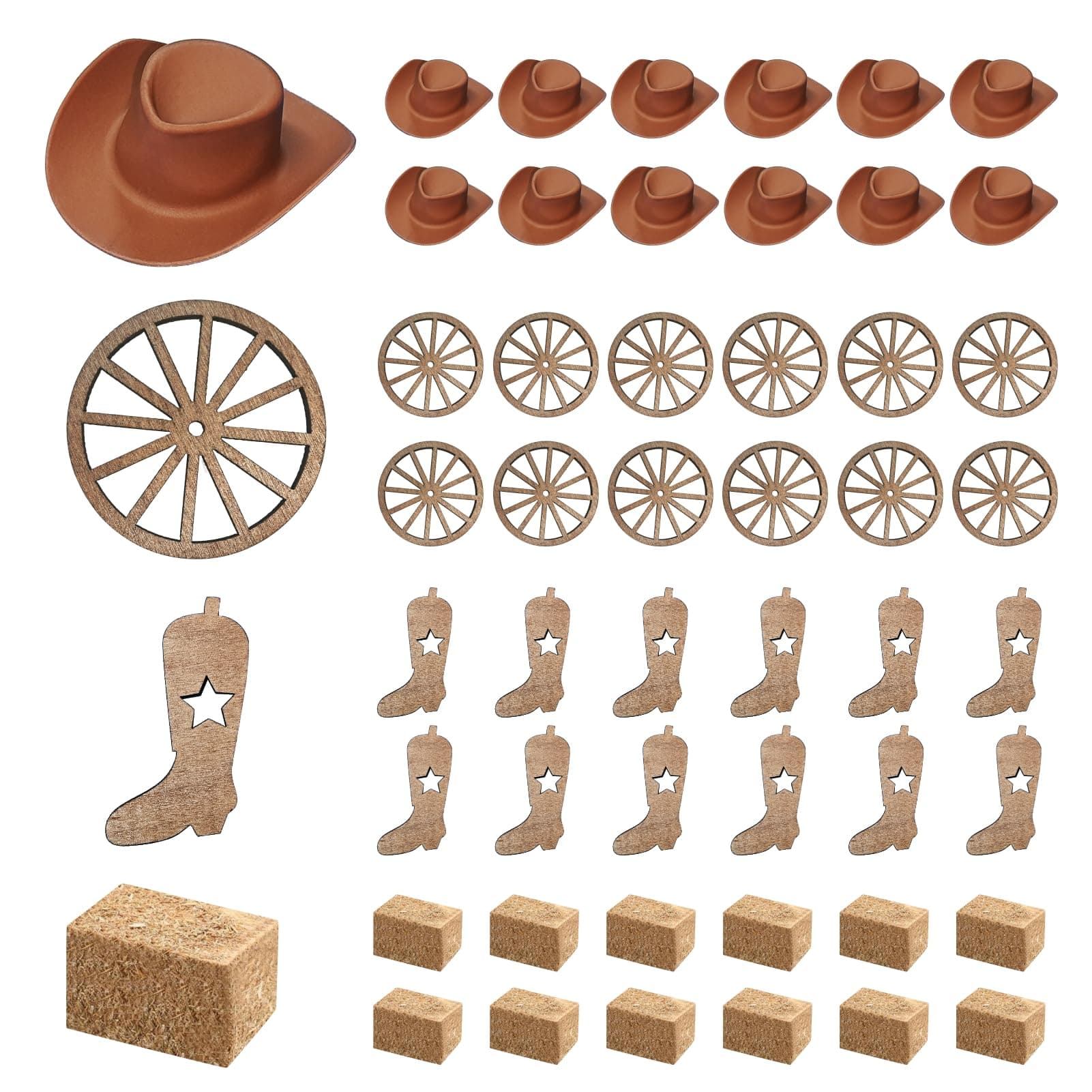 QZV 48 Pieces Western Party Decorations Supplies Mini Horse Hoof Boots Wagon Wheels Crafts Hay Bales Cowboy Hat for Vintage Country Derby Good Luck Horseshoe Western Theme Party Favors