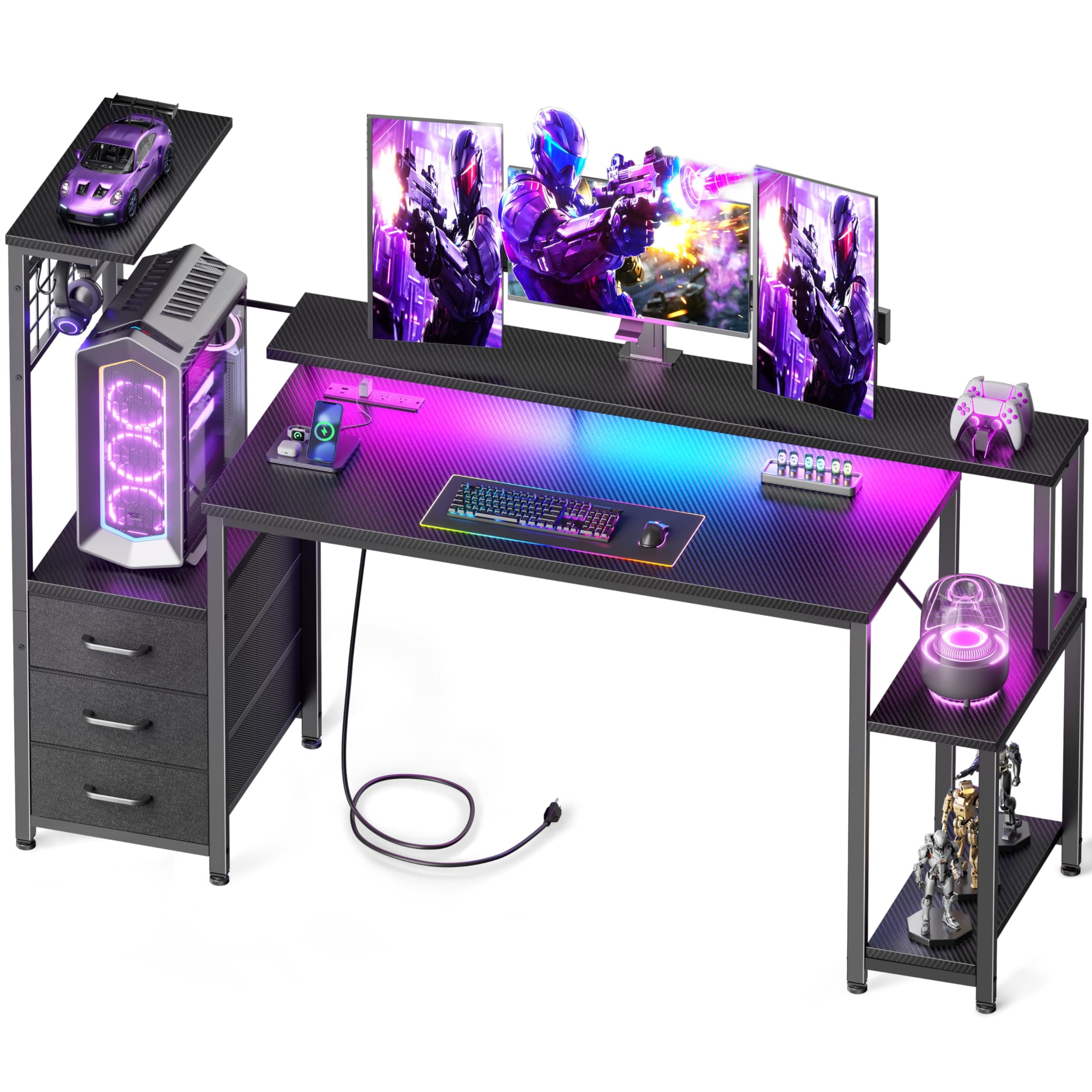 Korfile 55 Inch Gaming Desk with Bluetooth LED Lights & Power Outlets,Computer Desk with Fabric Drawers & Hooks,Reversible Gamer Table with Monitor Stand for Game Room,Home Office,Carbon Fiber Black