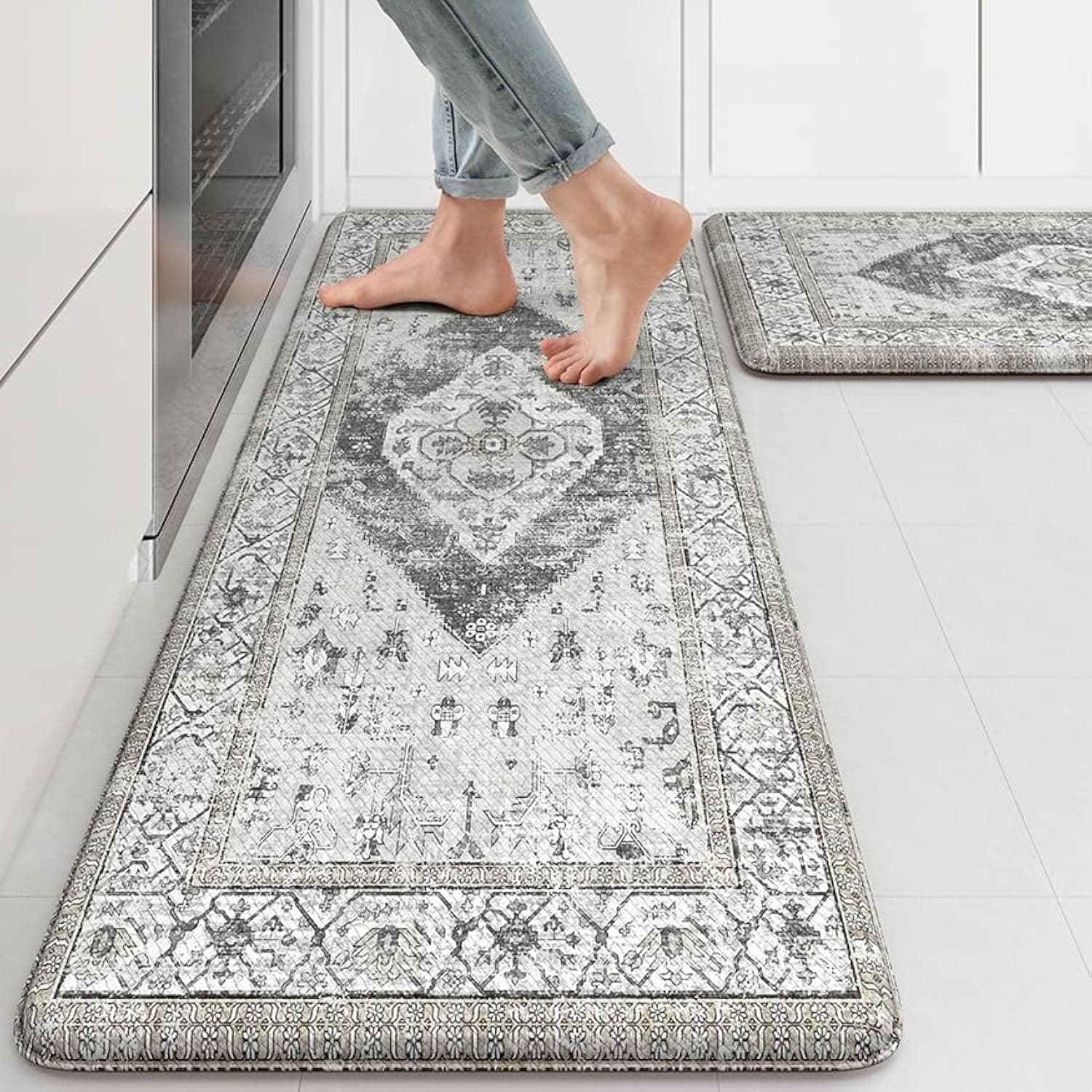 KIMODE Farmhouse Kitchen Mats for Floor Sets of 2, Anti Fatigue Mat Kitchen Rug Non Slip Waterproof, Ergonomic Cushioned Comfort Kitchen Runner Rug for Sink, Office, Laundry, Desk, Grey
