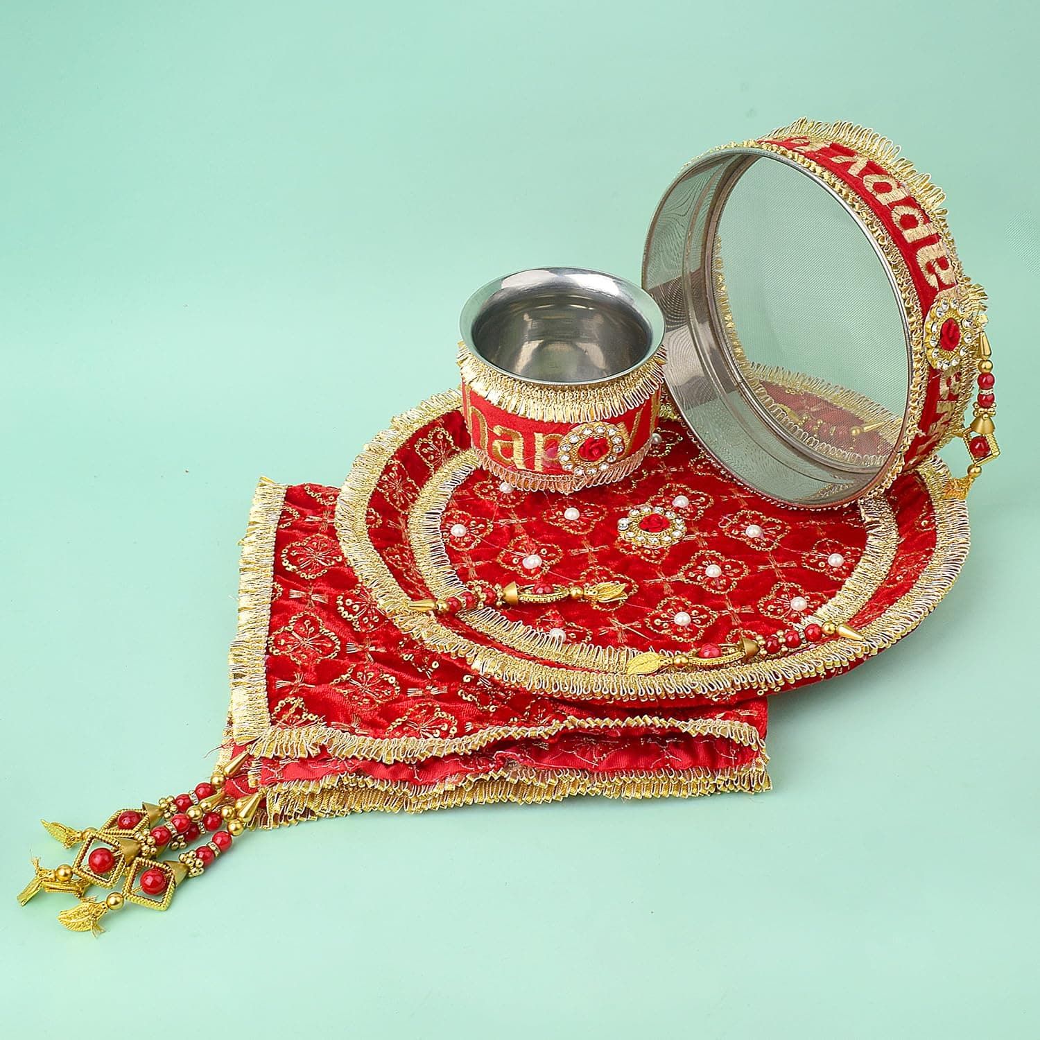 SATVIK Set of 11 Pc Decorative Karwa Chauth/Karva Chauth Thali with Lota, Channi, Story Book, Thali Cover, Bindi, Poster, Clay Diya, Roli-Chawal, Ghee Wicks, Mehendi Cone