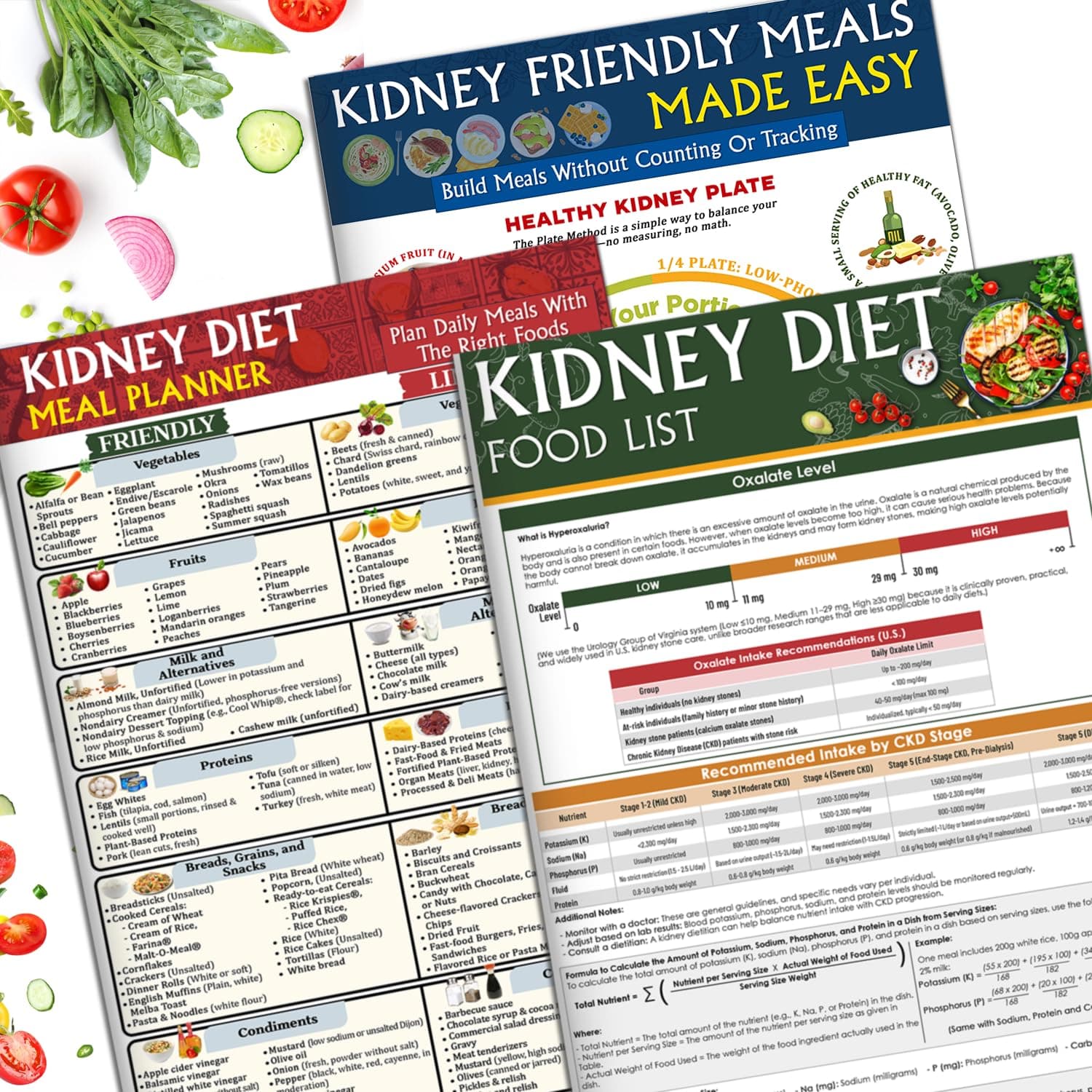 Nonlae Set 3 Kidney Disease Food Chart - Foods to Avoid and Eat for Kidney Disease, Low Sodium Potassium Phosphorus Grocery Food List and Kidney Diet Guide for CKD Dialysis, Shopping List for