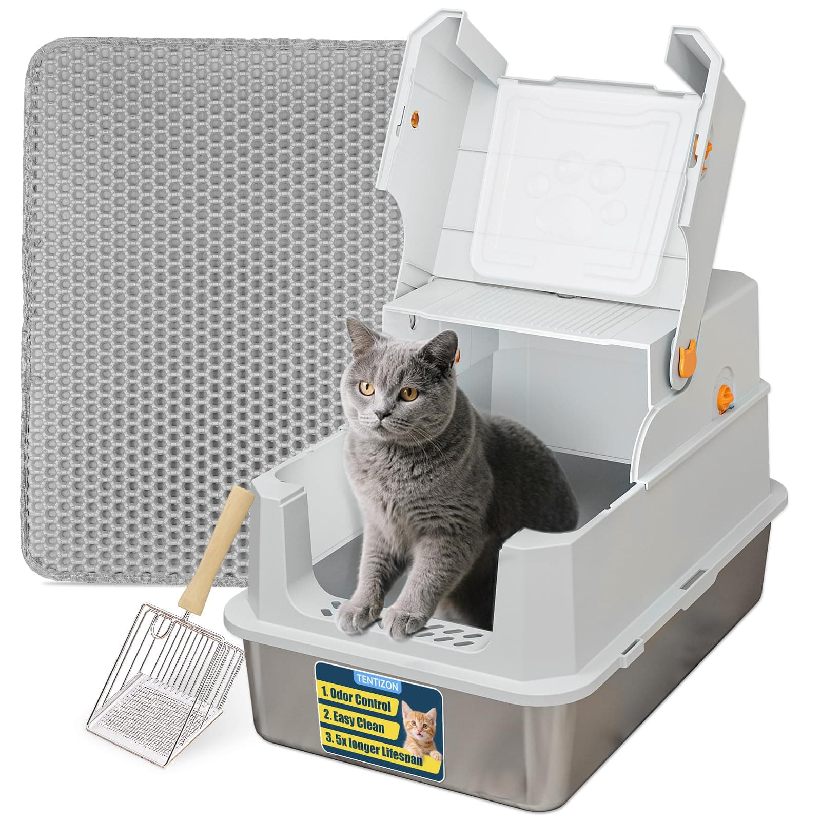 TENTIZON Stainless Steel Cat Litter Box with Lid, Large Covered Enclosed Kitty Litterbox with Hood, Flip Top, High Side, Litter Mat, Scoop for Big Cats, Kitten, No Odor, No Mess, Easy Clean