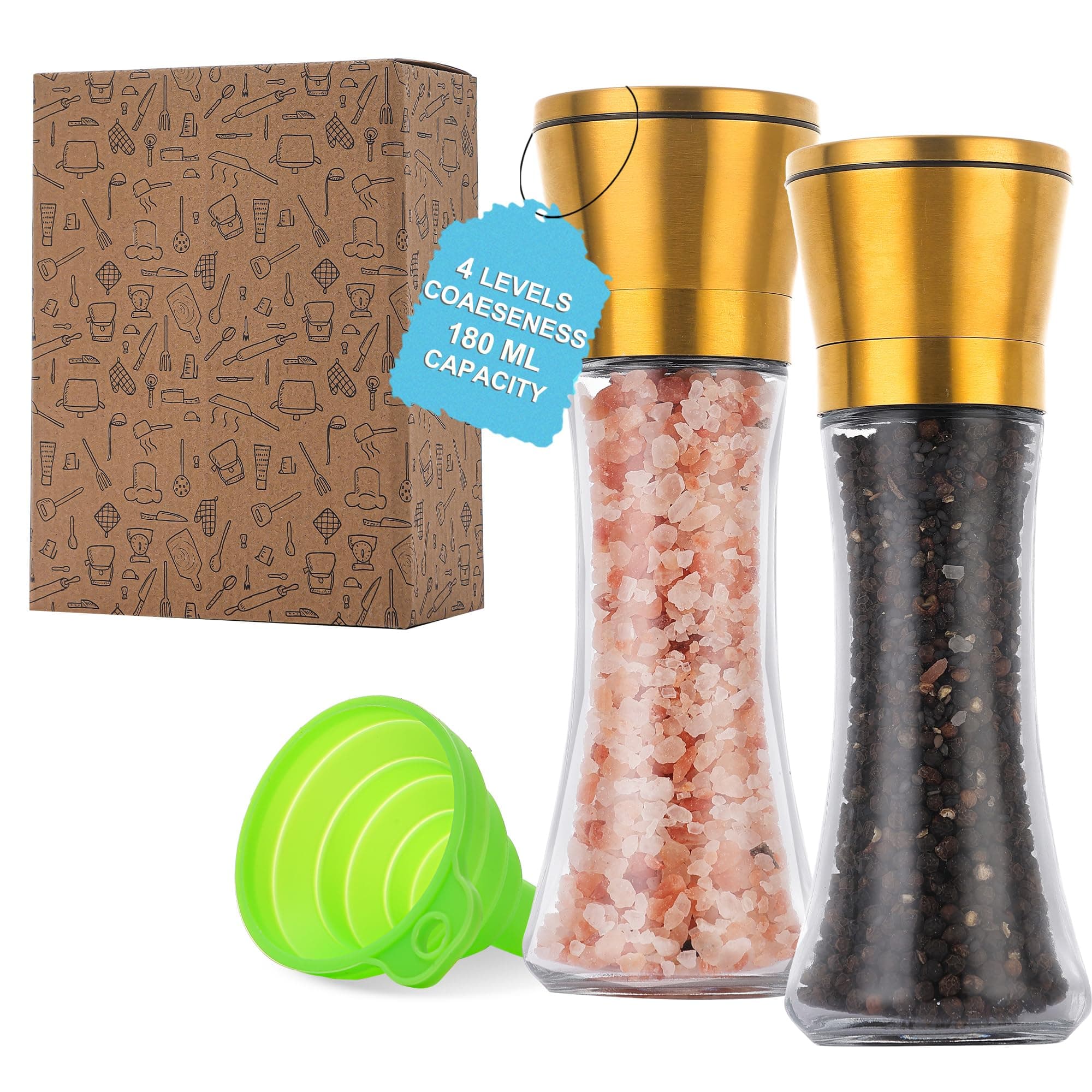 DAVIMADE 6OZ Gold Salt and Pepper Grinder Set of 2,Manual Salt and Pepper Shakers with Refillable Adjustable Coarseness and Clear Glass Body,W/Funnel Environmentally Friendly