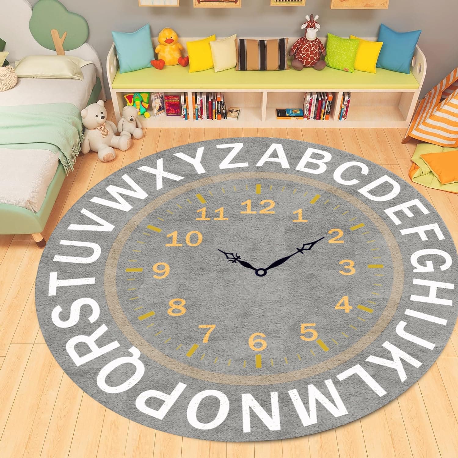 ABC Round Kids Rug,3ft, Daycare Essentials Toddler Rug Soft, Non-Slip, and Durable Kids Round Rug,Kids Rugs Classroom ABC Mat, for Classroom, Nursery, and Playtime - Gray Alphabet Rug。