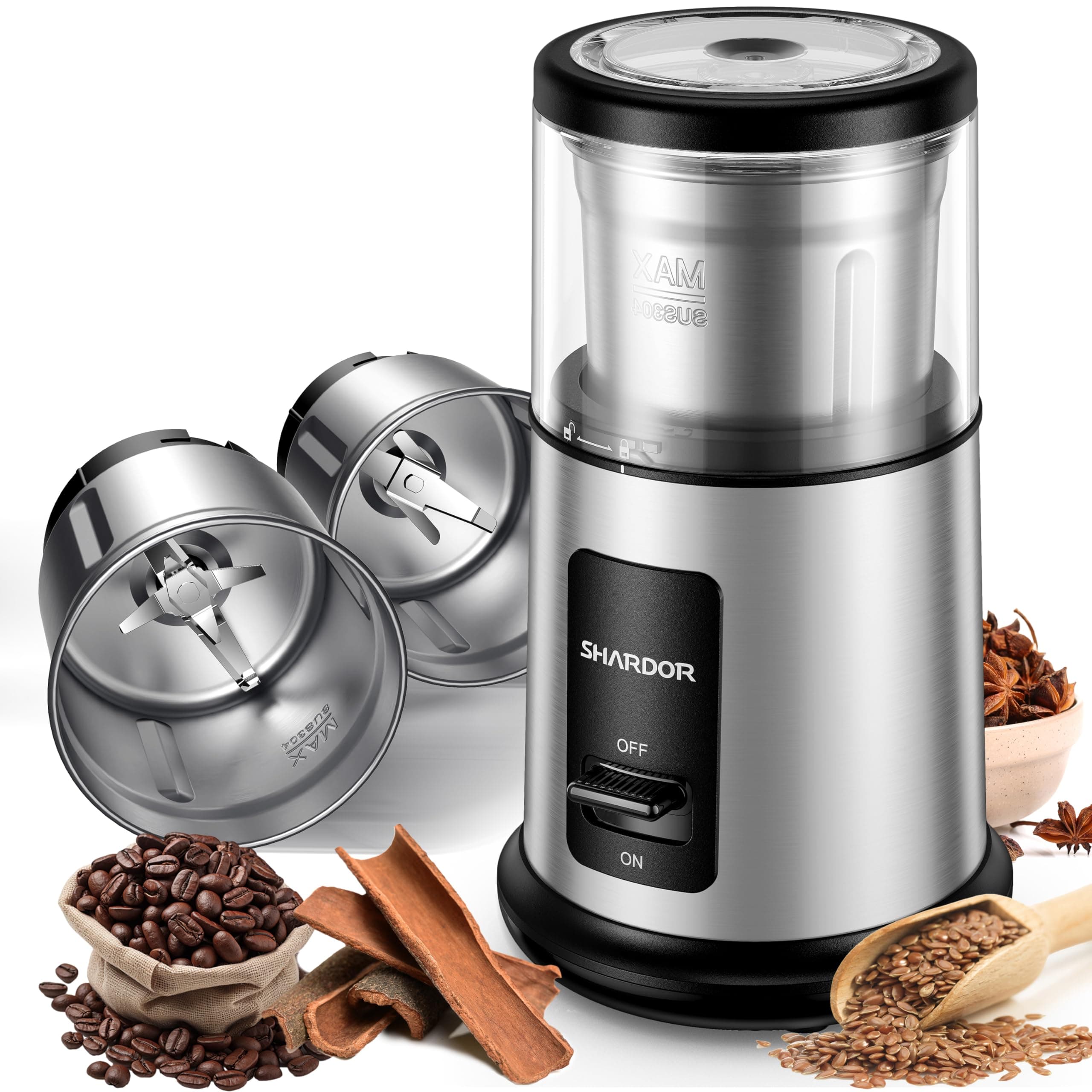 SHARDOR One Touch Coffee Grinder Electric, Spice, Herb, for Coffee Bean Spices and Seeds with 2 Removable Stainless Steel Bowl, Dry Grinder, Stainless Steel