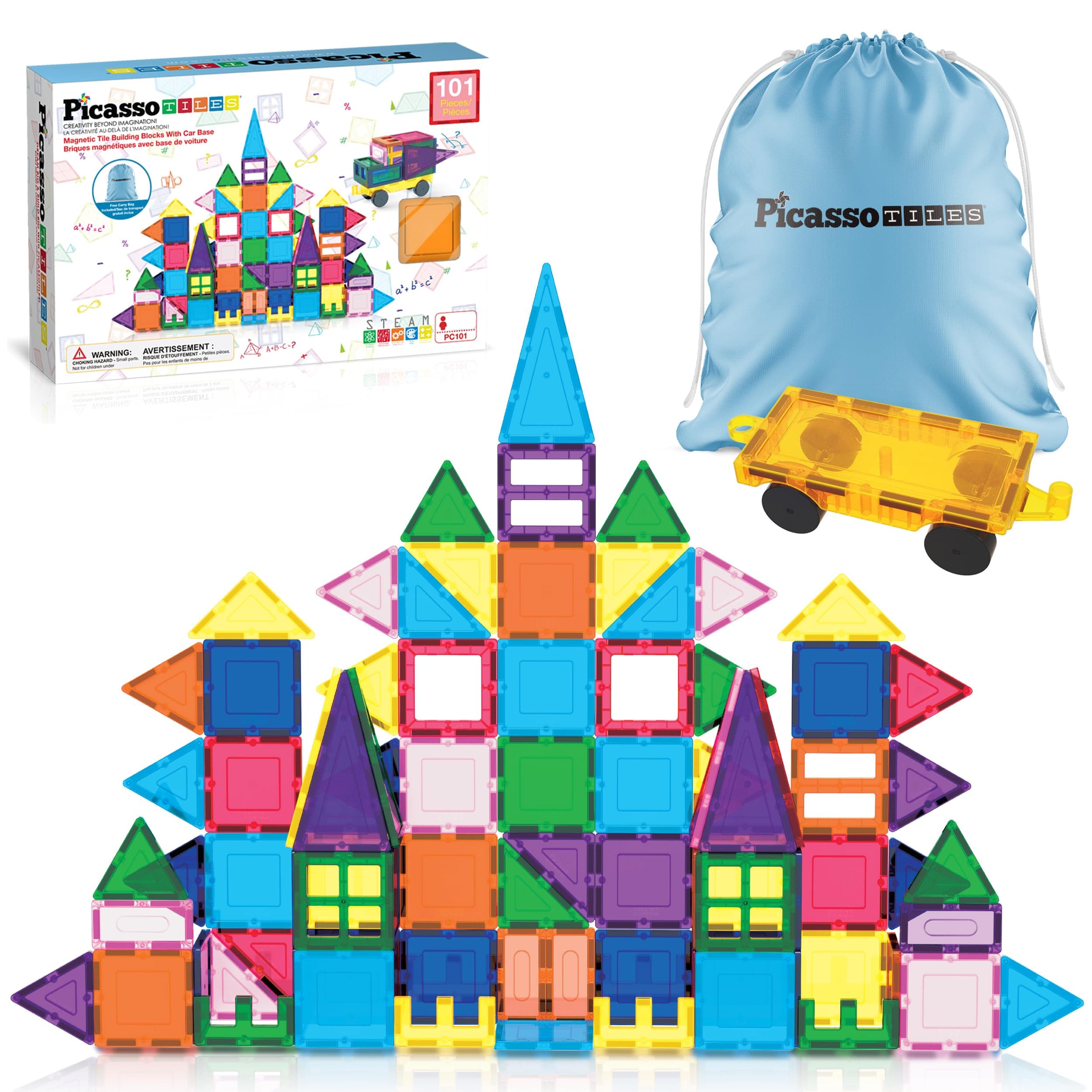 PicassoTiles 101 Piece Magnetic Tiles Building Set with Car & Bag Ages 3+