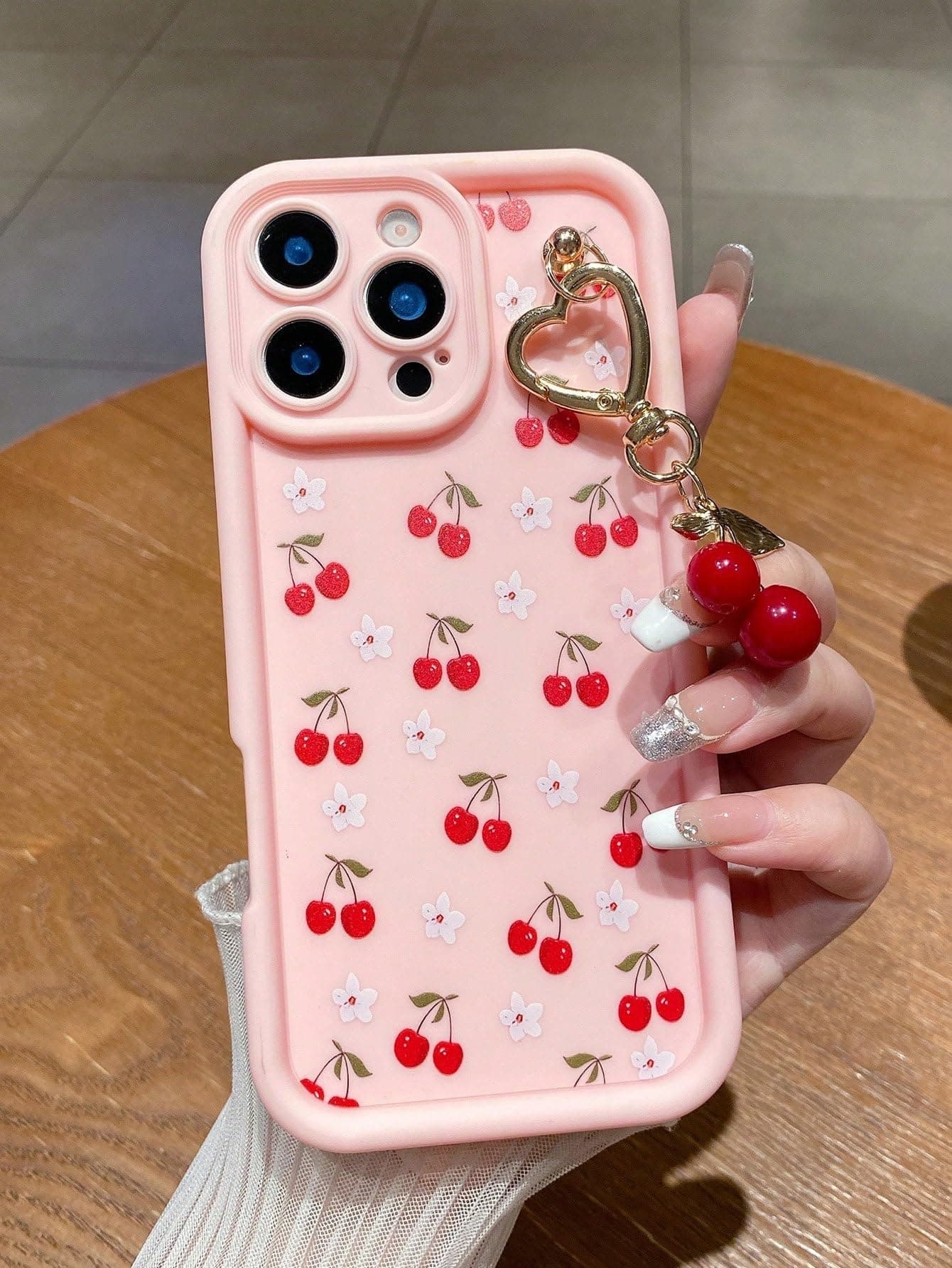 Threesee for iPhone 17 Cherry Phone Case with Charm Chain,Cute Fruit Sweet Red Cherry Pendant Case Girly Women Soft TPU Protective Designed Cover for iPhone 17 6.3 inch,Pink