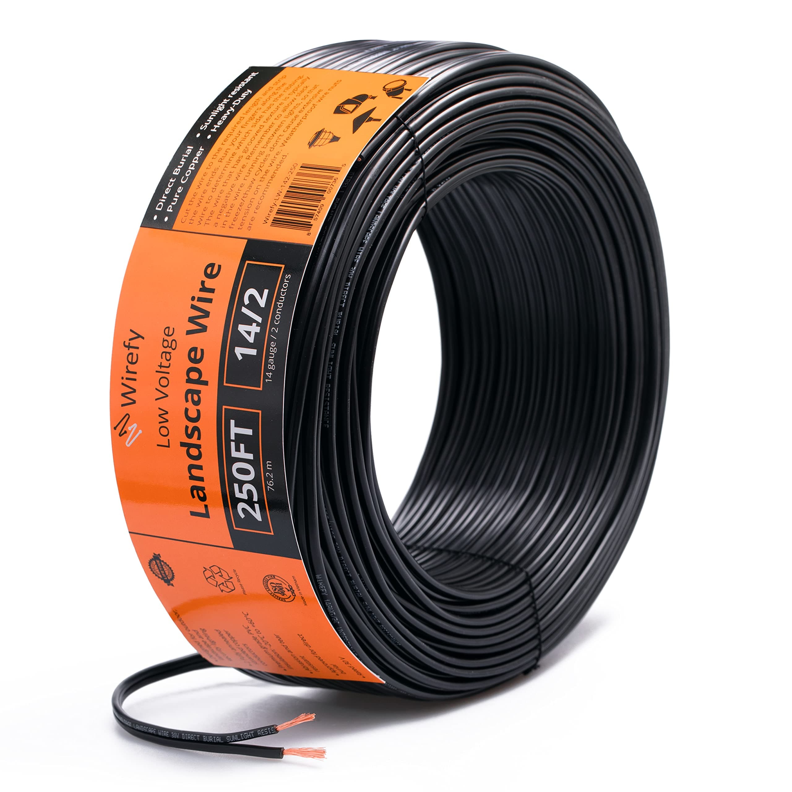 Wirefy 14/2 Low Voltage Landscape Lighting Copper Wire - Outdoor Direct Burial - 250 Feet 14-Gauge 2-Conductor