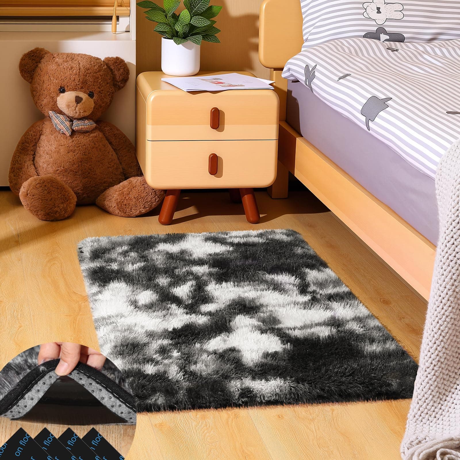 Mhyup Black and White Rugs for Bedroom, 2x3 Fluffy Small Area Rugs for Living Room, Soft Shag Fuzzy Carpet with 4 Non-Slip Stickers for Kids Boys and Girls Nursery Room Dorm Home Decor (2ft x 3ft)