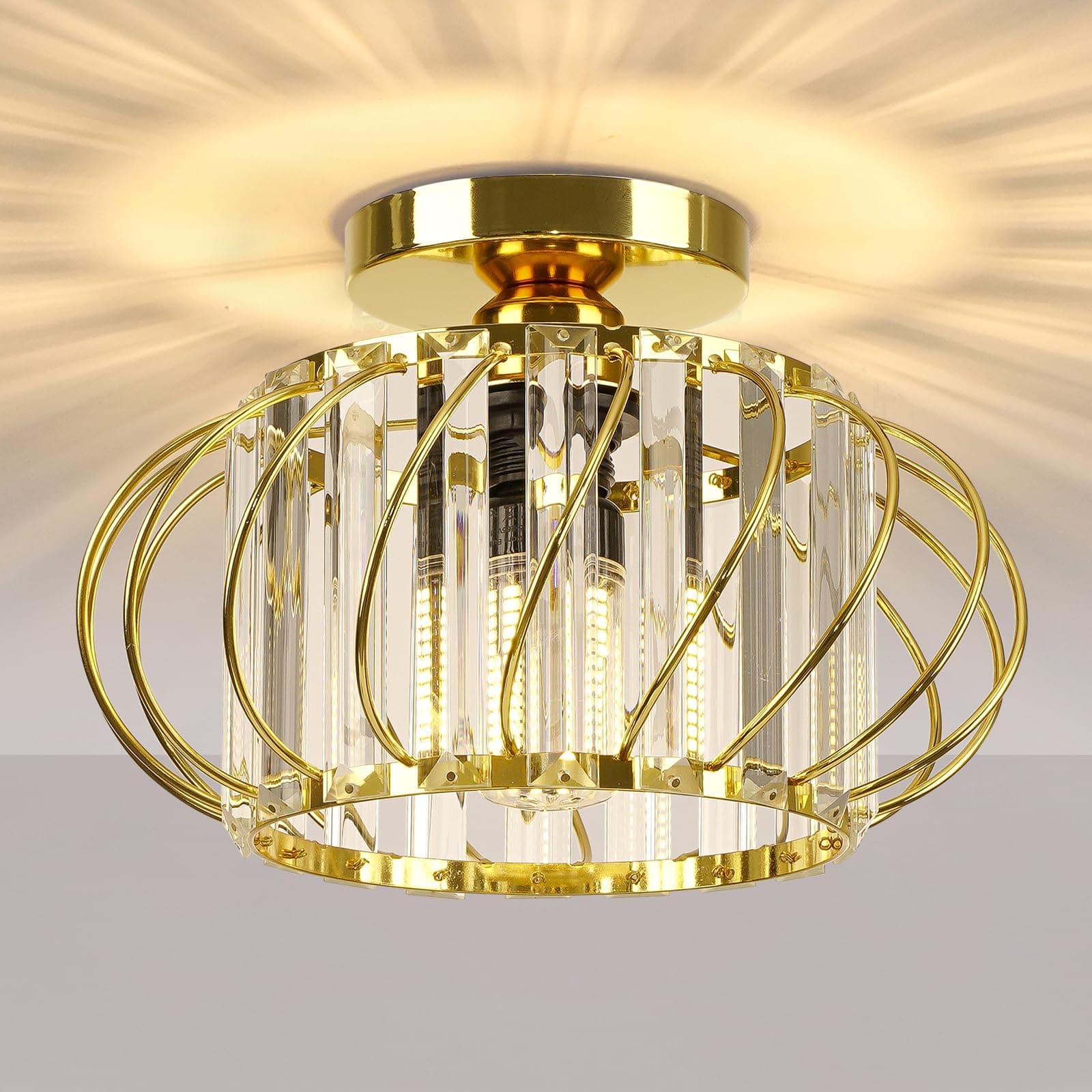 Gold Crystal Ceiling Light Fixture - Small Crystal Chandelier Semi Flush Mount Ceiling Light Modern Hallway Lights fixtures for Entryway Bedroom Porch Kitchen (11 Inch, Bulb not Included)