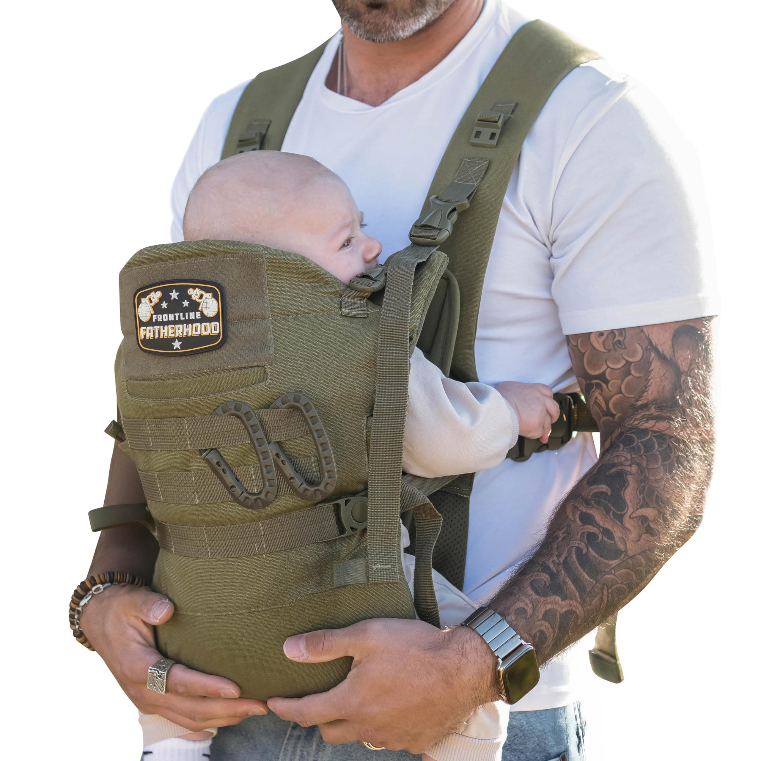 Dad Baby Carrier for Men with Adjustable Hip Snaps - 100% Cotton Infant Carrying Holds 44 Lbs, Includes Magnetic Sunshade Protector, Newborn Bibs, 2 Carabiners, Removable Waist Strap Green