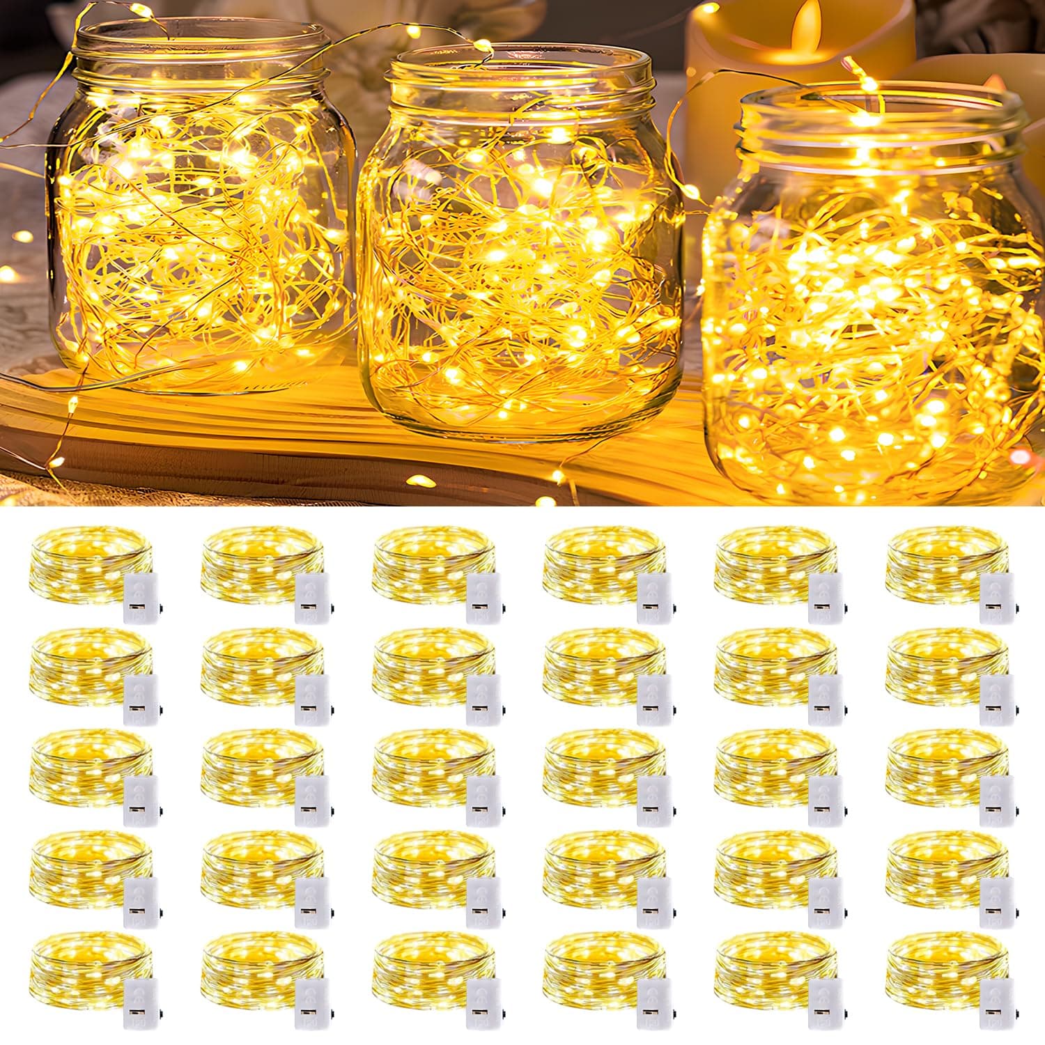30 Pack LED Fairy Lights Battery Operated,3 Features 7FT 20 LED Waterproof Mini Twinkle String Lights for Wedding Mason Jars Party Christmas Decorations(Warm White)