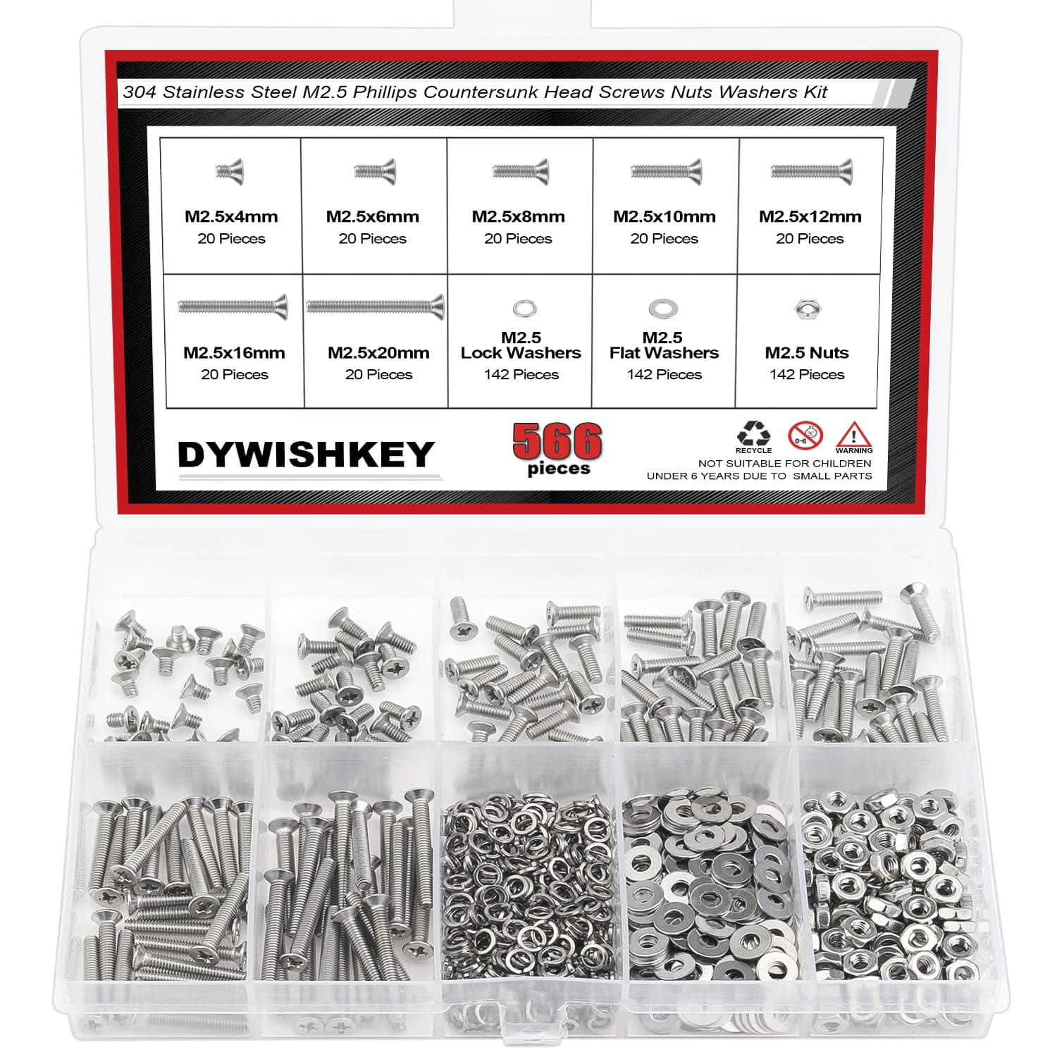 DYWISHKEY 566 Pieces M2.5X 4/6 /8/10 /12/16 /20mm Phillips Countersunk Head Machine Screws Nuts Washers Assortment Kit, M2.5 Machine Screws Kit, 304 Stainless Steel