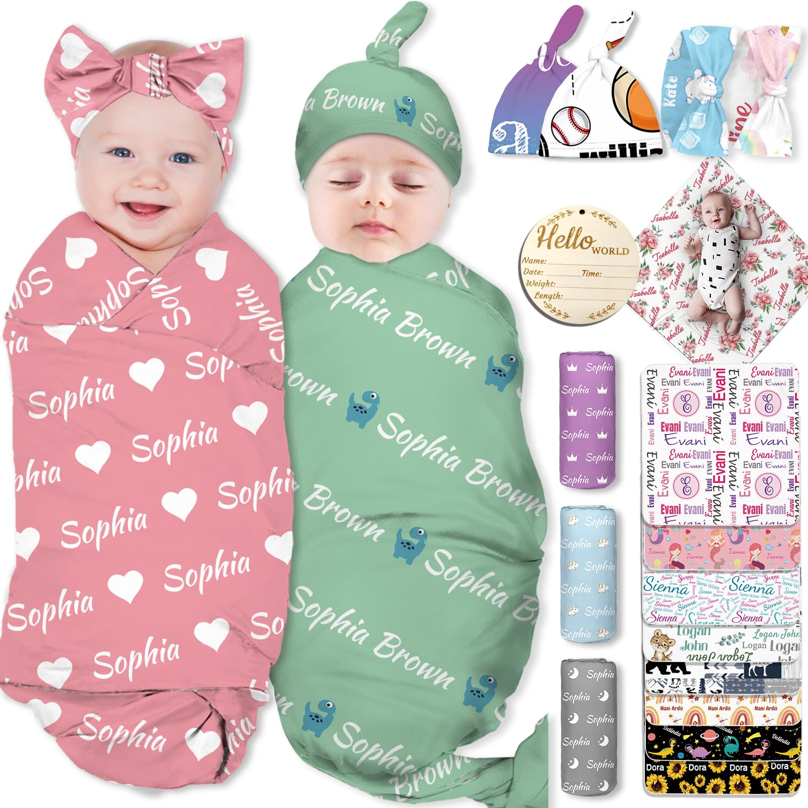 Busparst Personalized Baby Swaddles Blanket with Name Custom Newborn Receiving Blanket Headband Set Baby Swaddle Customized Gifts for Baby(Icon)