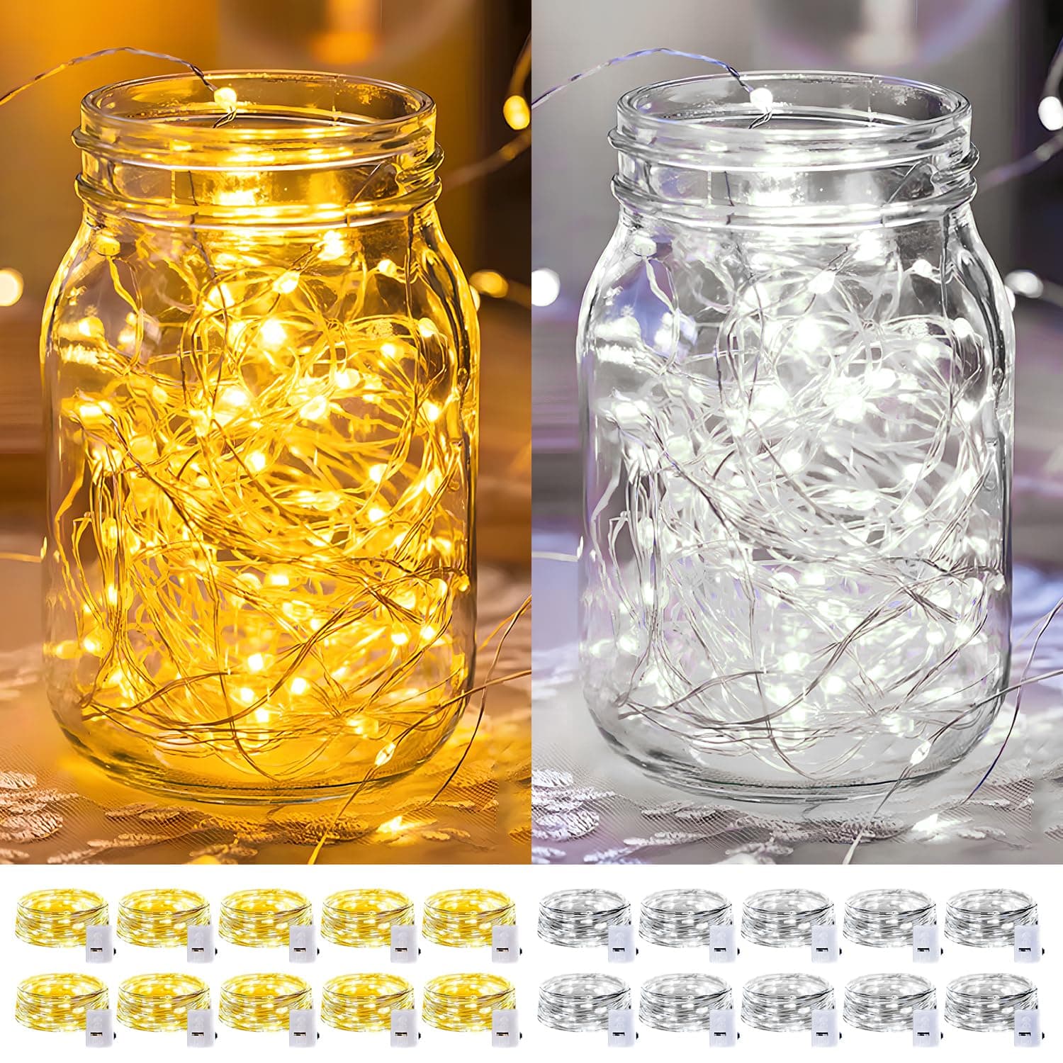20 Pack LED Fairy Lights Battery Operated,7FT 20 LED Waterproof Mini Twinkle String Lights for Wedding Mason Jars Party Christmas Decorations,Warm White and White