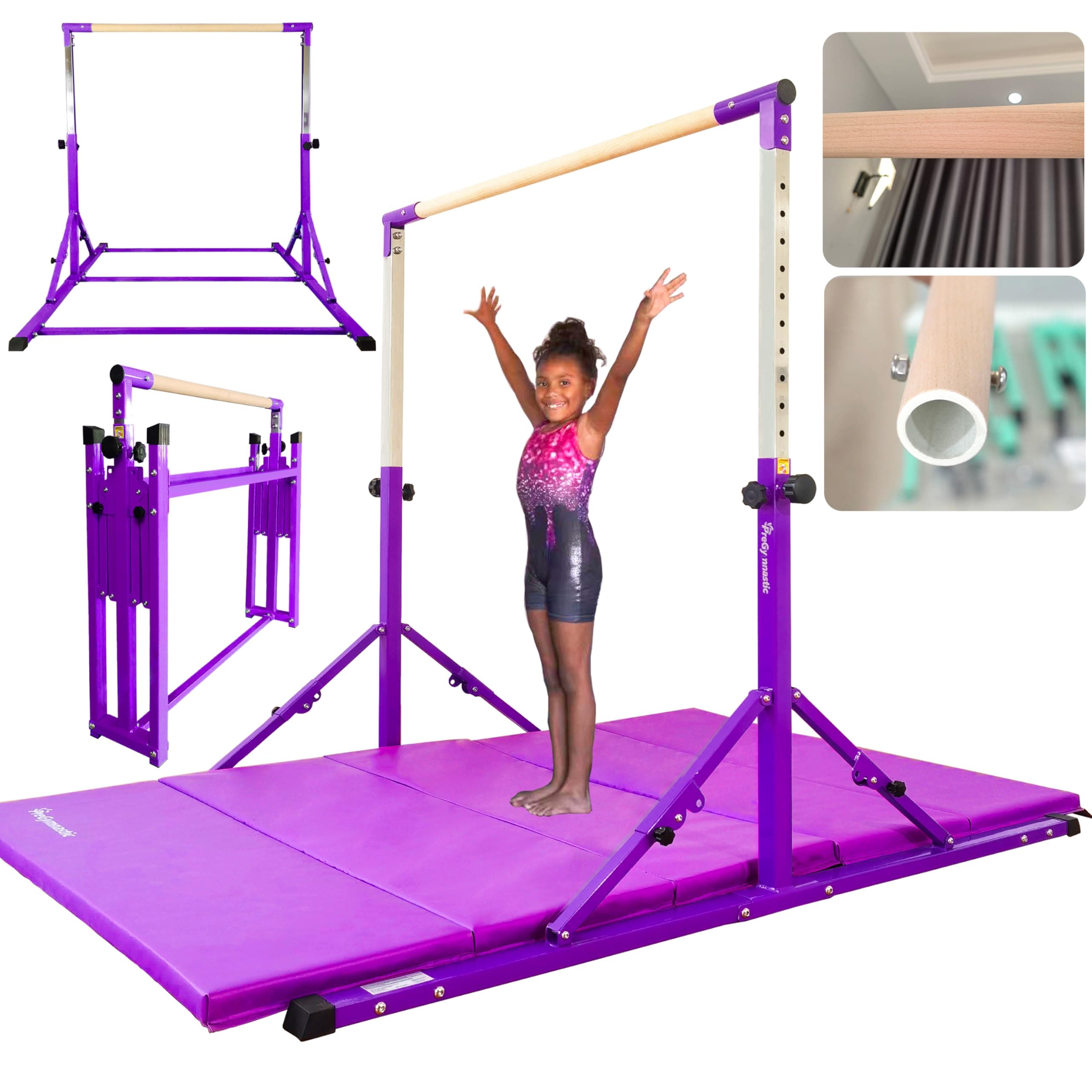 PreGymnastic Foldable Gymnastics Bar, 6FT Horizontal Bars, Folding Training Bar for Kids Ages 3-18, Weight Limit 500 LB, Adjustable kip Bar,Home Gym Equipment Indoor(Foldable Bar with Mat,Violet-Mat)