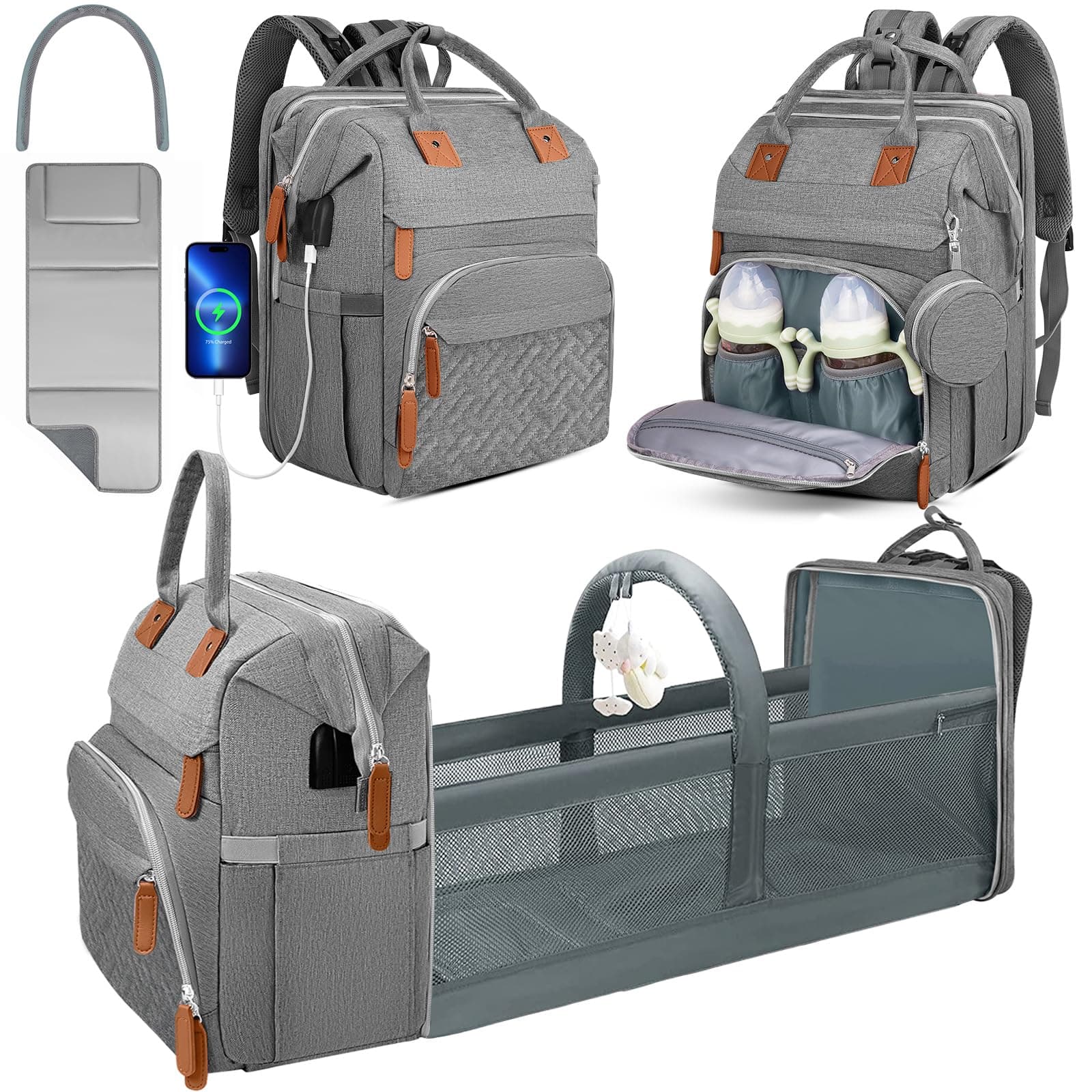 Wurzfolk Diaper Bag Backpack for New Parents, Large Capacity Baby Travel Bag with Bottle Holders, Multiple Compartments (Grey)