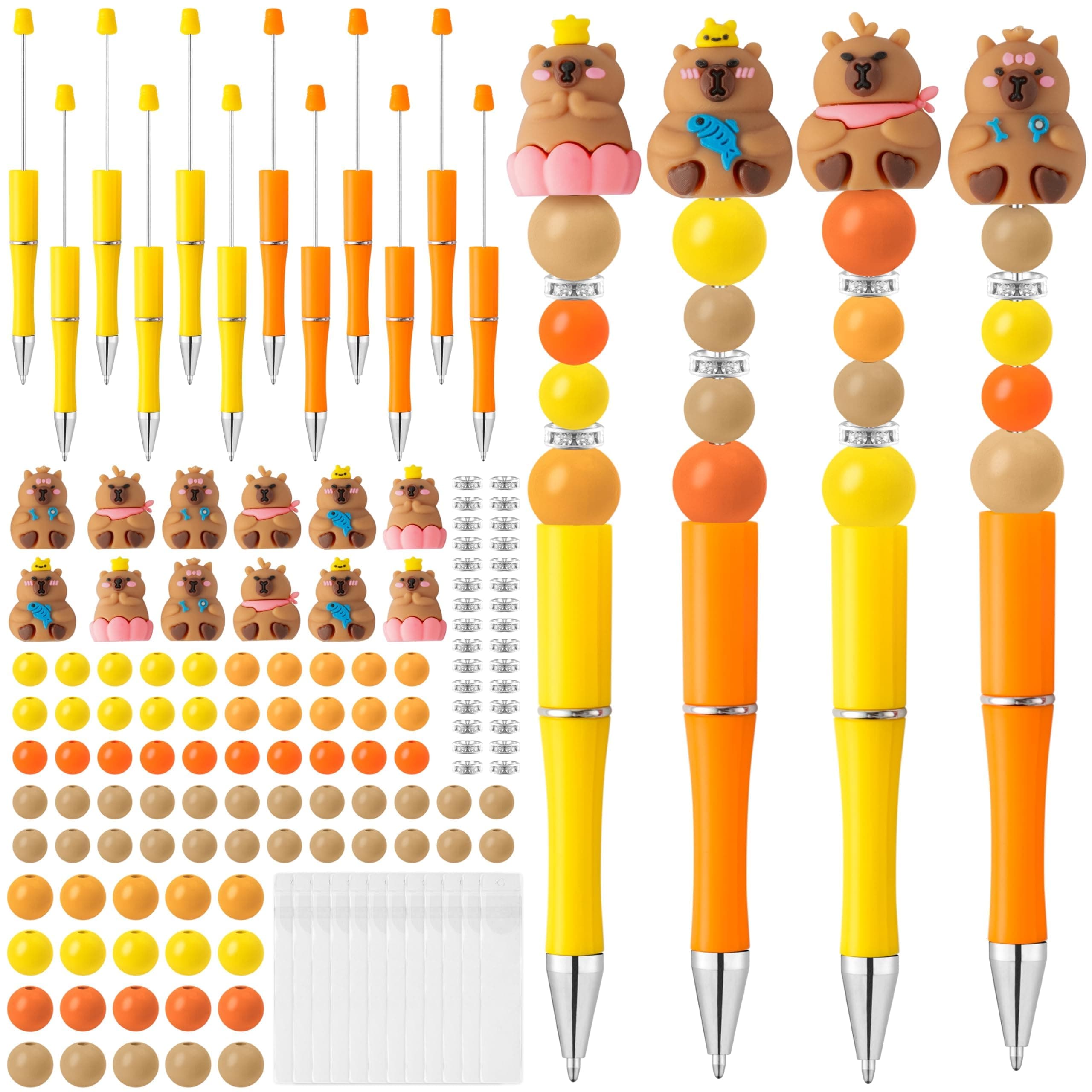 CY2SIDE Capy Beadable Pens Making Kit - 12PCS DIY Fun Animal Black Ink Plastic Ballpoint Pens with Assorted Wood Beads and Crystal Round Spacer Bulk for Kid, Capy Party Favor for School Reward