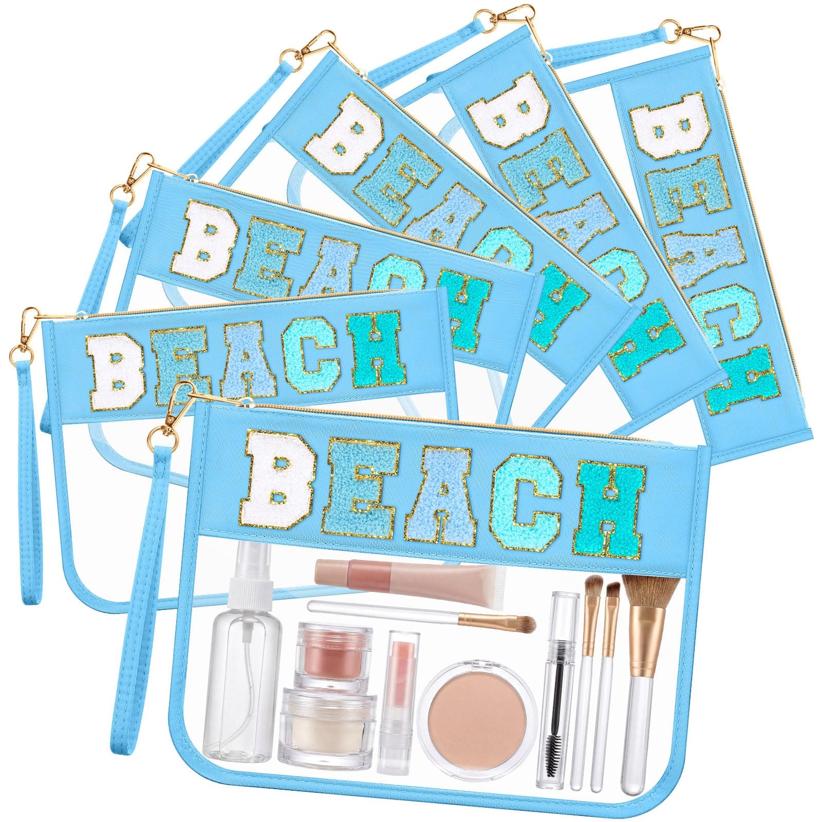 Kacctyen 6 Pcs Beach Bags Chenille Letter Clear Makeup Bag with Zipper Waterproof Cosmetic Toiletry Pouch with Handle Gym Travel Summer Gifts for Women Girls (Blue, Beach)