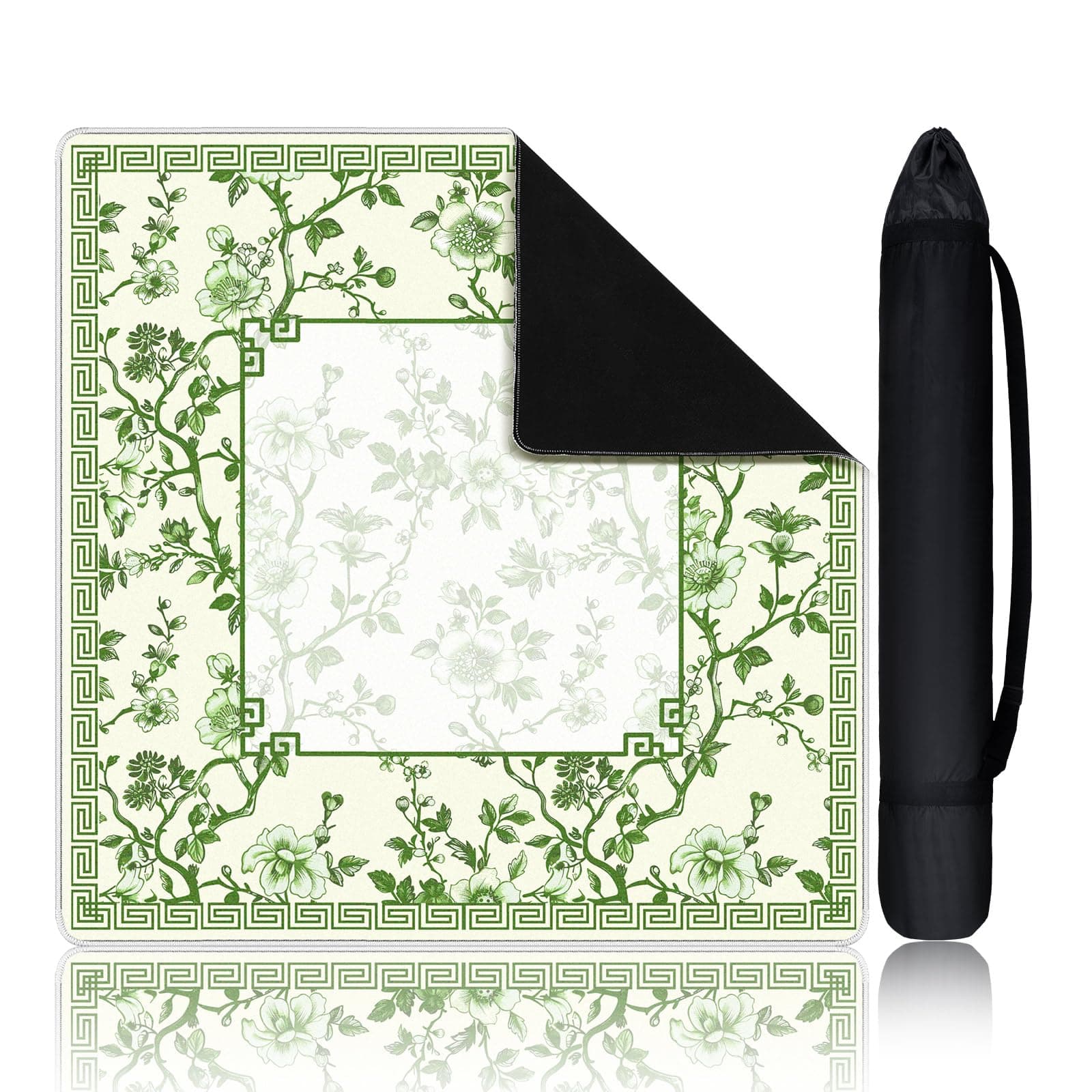 Sonwyoung 22 Inch Mini Chinoiserie Mahjong Mat for Travel Set Green and White Floral Mahjong Mat Cute Small Domino Accessories Gifts Domino and Tile Game Table