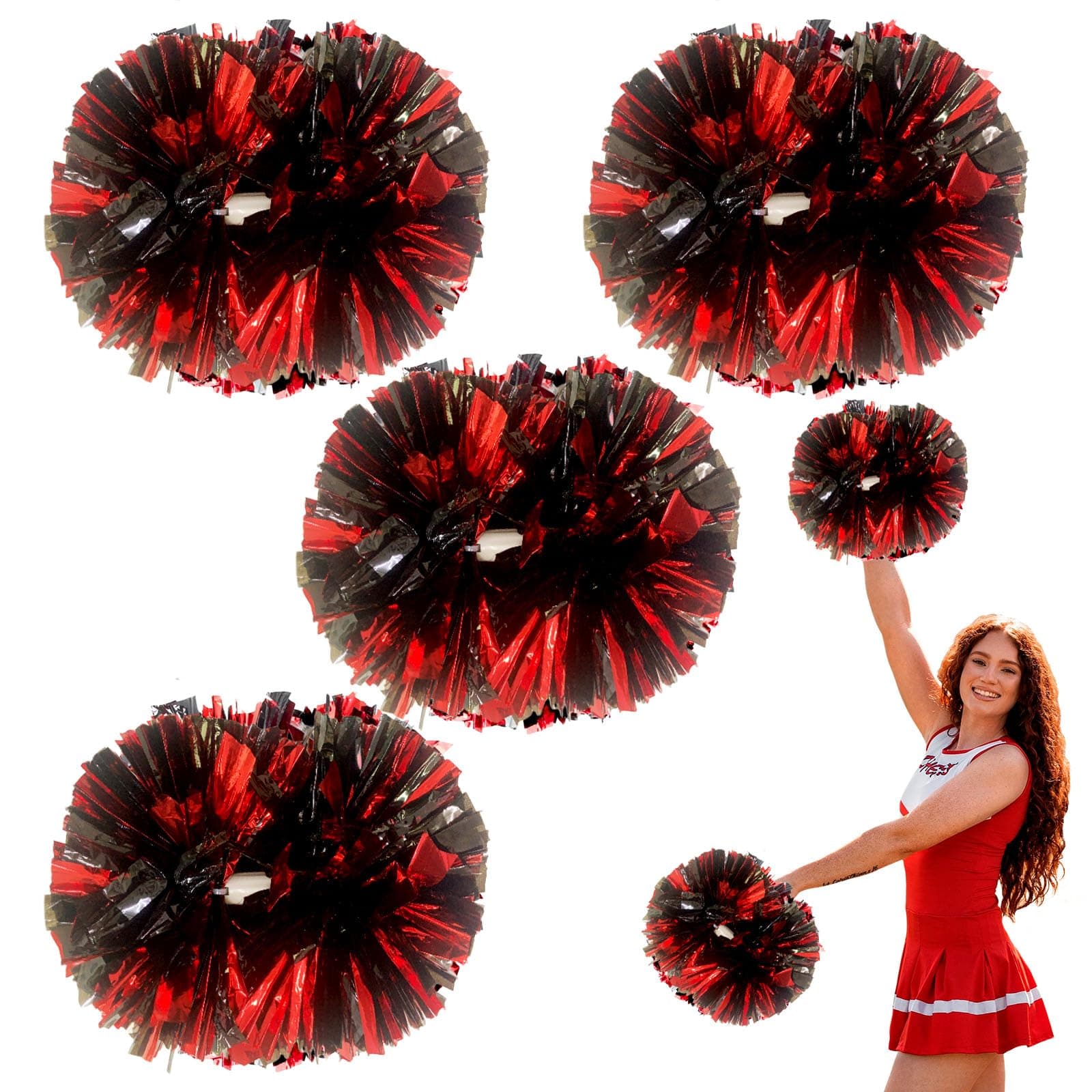 4 Pcs Metallic Cheerleading Pom Poms, 12Inch Cheerleader Pompoms with Baton Handle, Cheer Pom Poms for Kids Adults, Cheerleading Flower Ball for School Team Sports Games Dance Cheering (Black Red)
