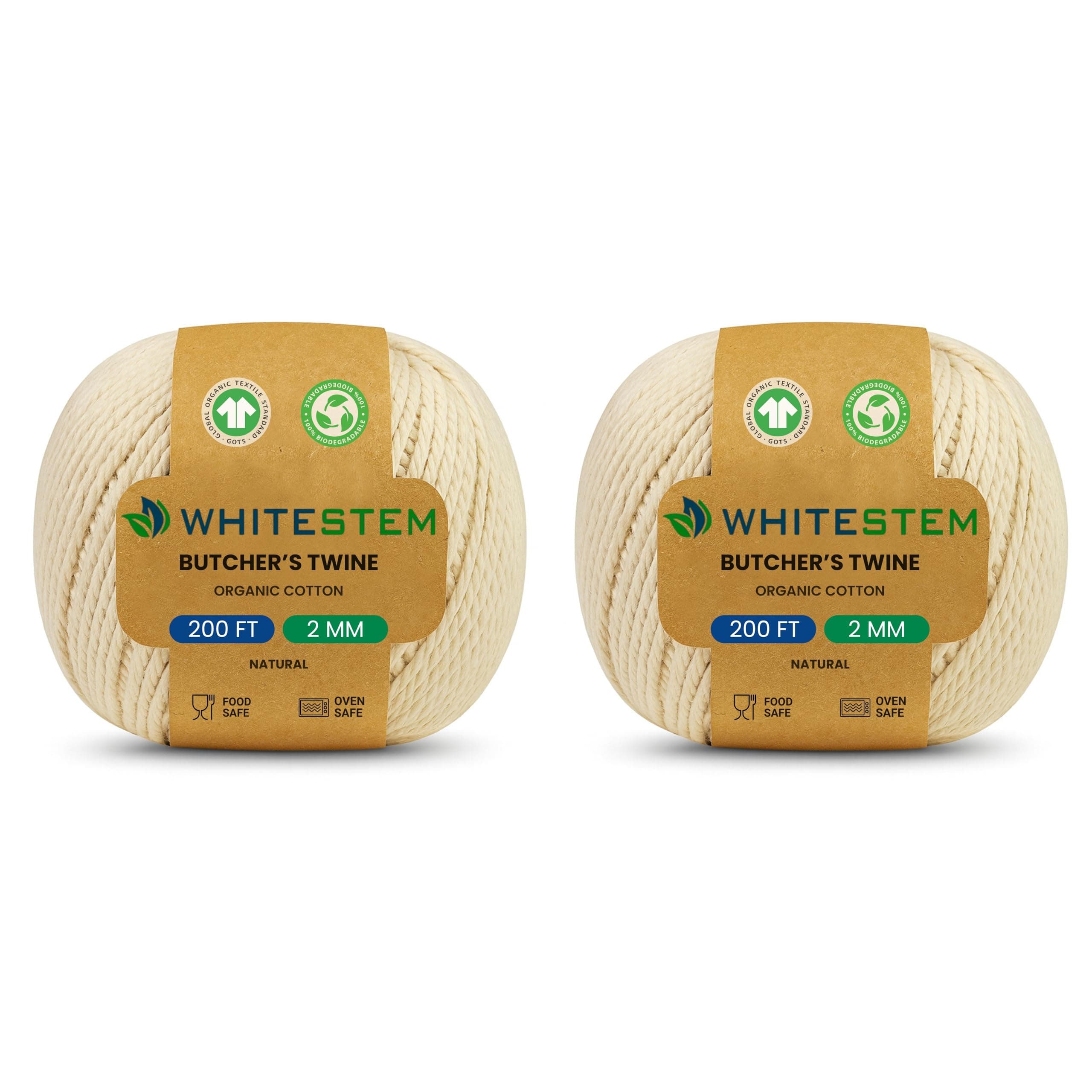 WHITESTEM Natural Twine – 200ft - 16 PLY Strong Cotton String for Gift Wrapping, Baking, Crafts, Butchering, Holiday Décor, DIY Projects, Packaging & Pastry Boxes - Pack of 2