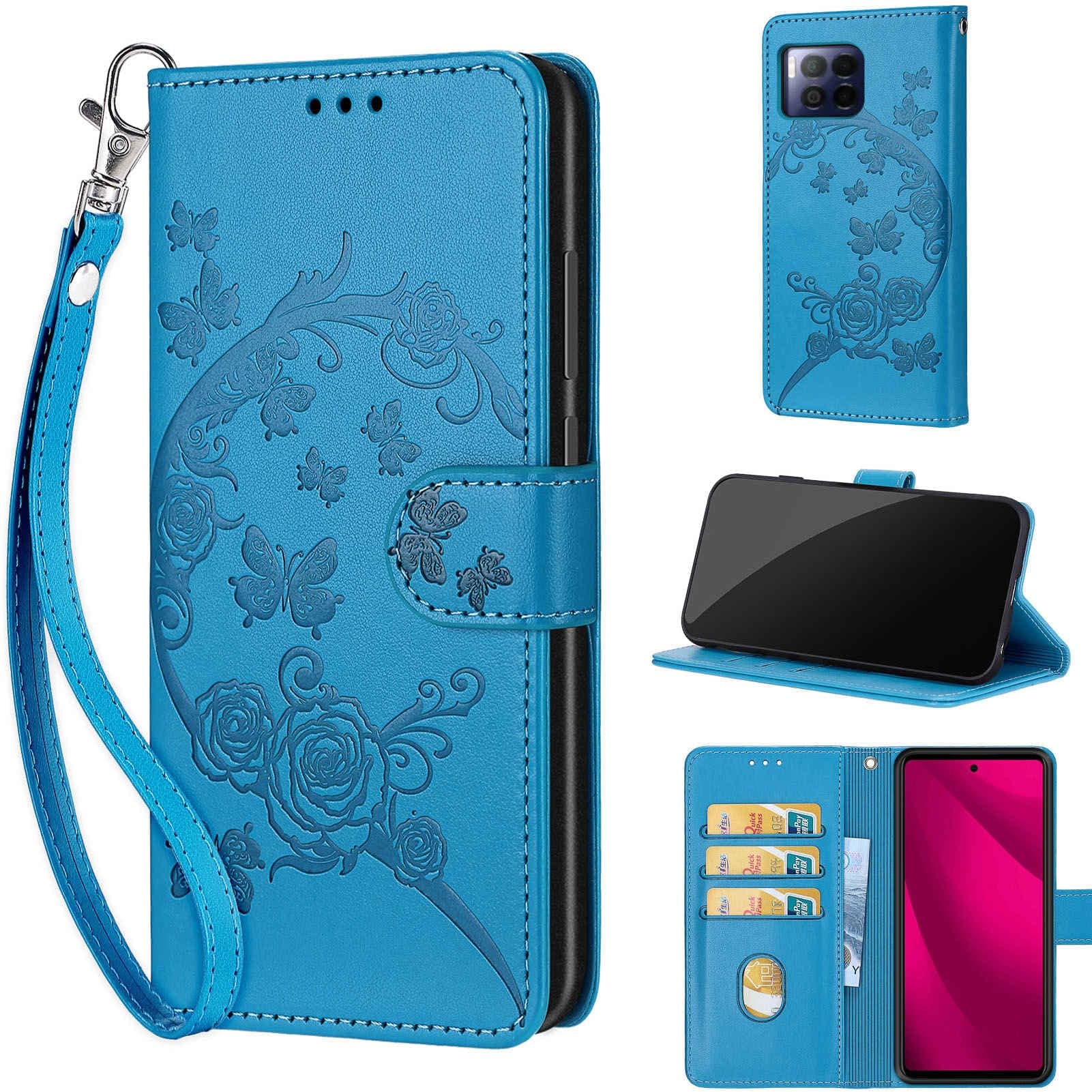 Designed for T-Mobile Revvl 7 Pro 5G Case Wallet,Women Flip Folio Cover with Embossed PU Leather Stand Credit Card Holders Slots Wrist Strap Phone Case for T-Mobile REVVL 7 Pro 5G (Blue Flower)