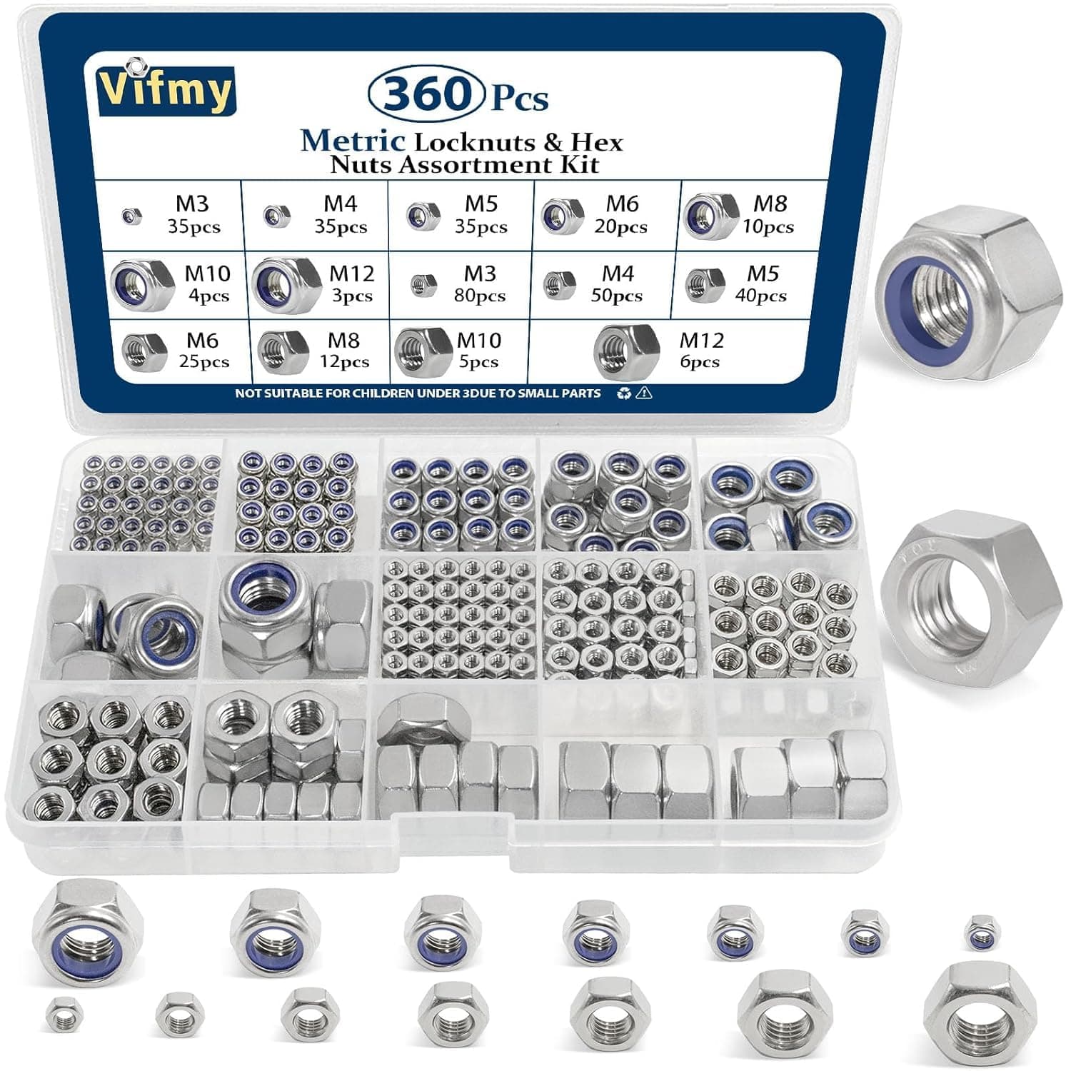 Kit surtido de tuercas hexagonales y tuercas de seguridad métricas Vifmy (360 piezas), tuercas hexagonales surtidas de acero inoxidable M3 M4 M5 M6 M8 M10 M12