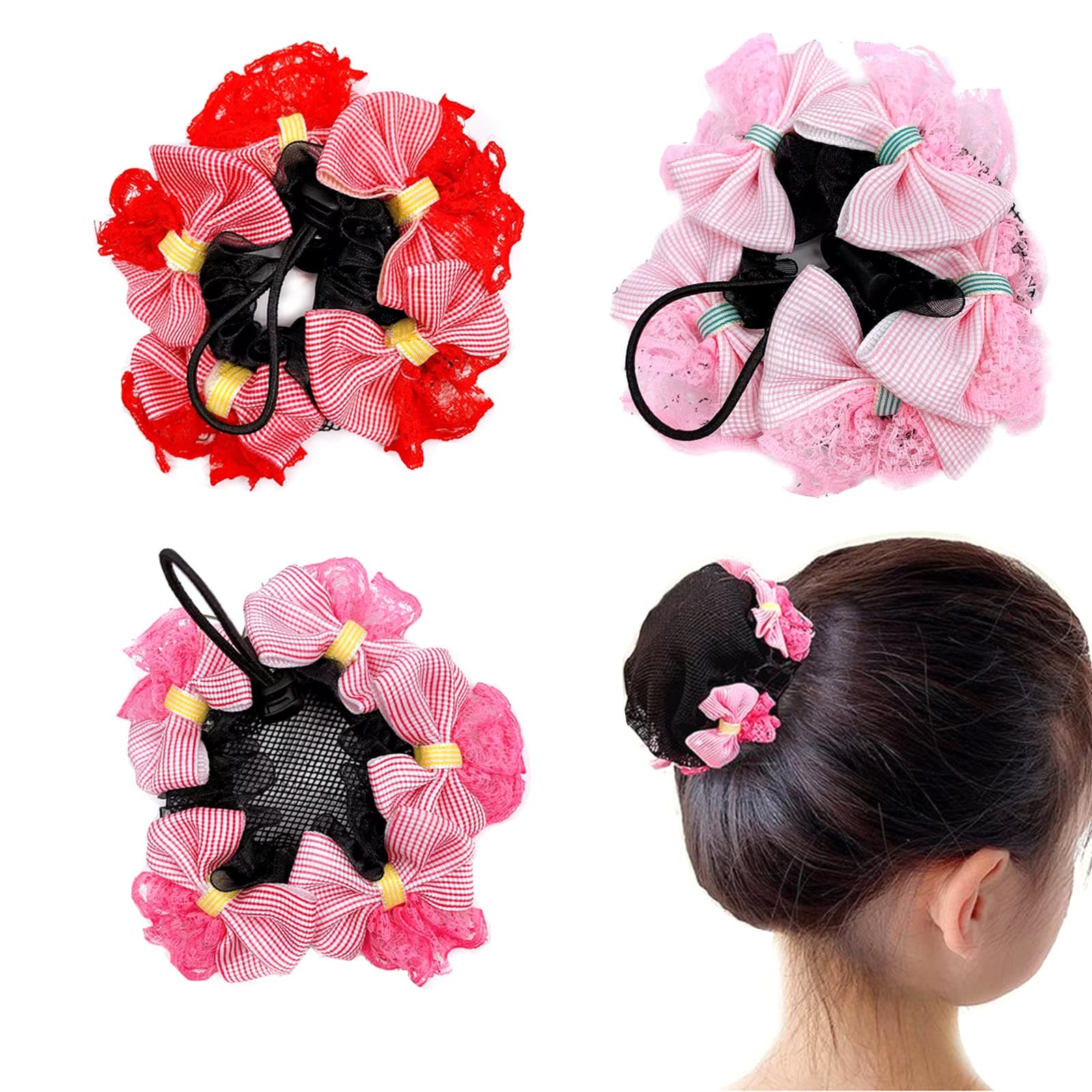 AsggBah 3pcs Girls Colored Hair Net Bun Covers with Flowers Deco Dance Snood Hair Net Accessories for Dancers Skating (Small Size)