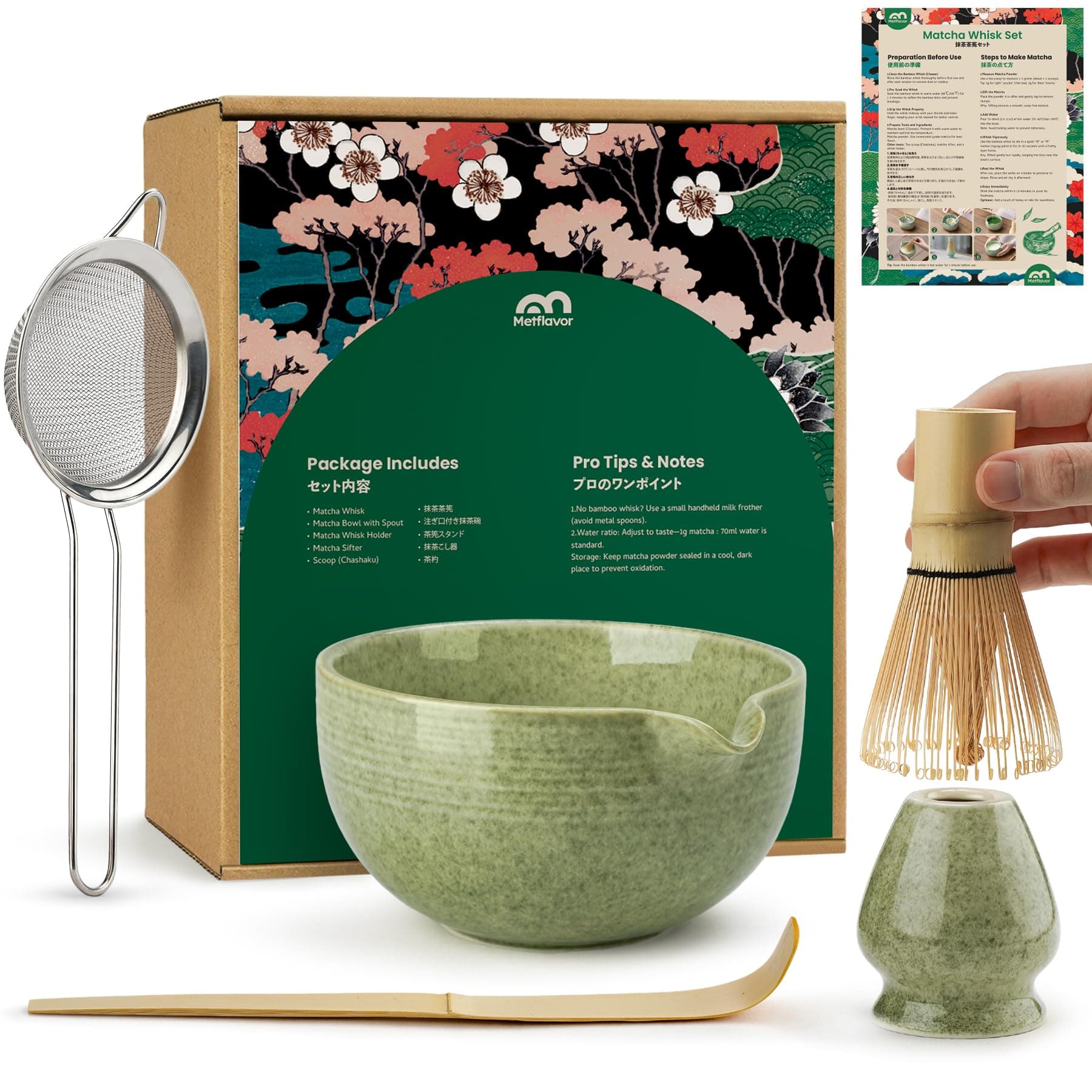 Matcha Whisk Set, Ceramic Bowl Matcha Kit & Handcrafted Bamboo Chasen