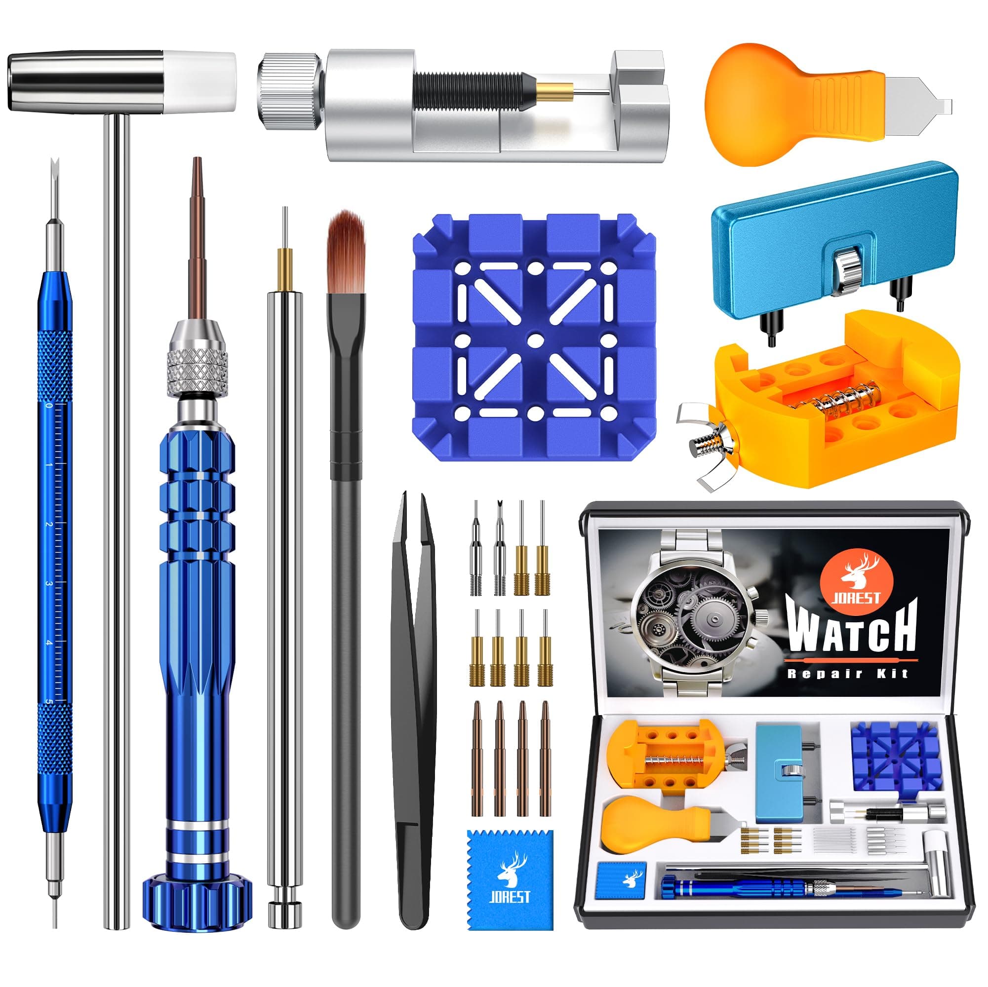 JOREST Uhrmacherwerkzeug Set, Uhr Batteriewechsel Werkzeug, Uhrenwerkzeug Stiftausdrücker für Uhrarmband, mit Uhrenöffner Gehäusebodenöffner, Federstegwerkzeug, Uhren Schraubendreher