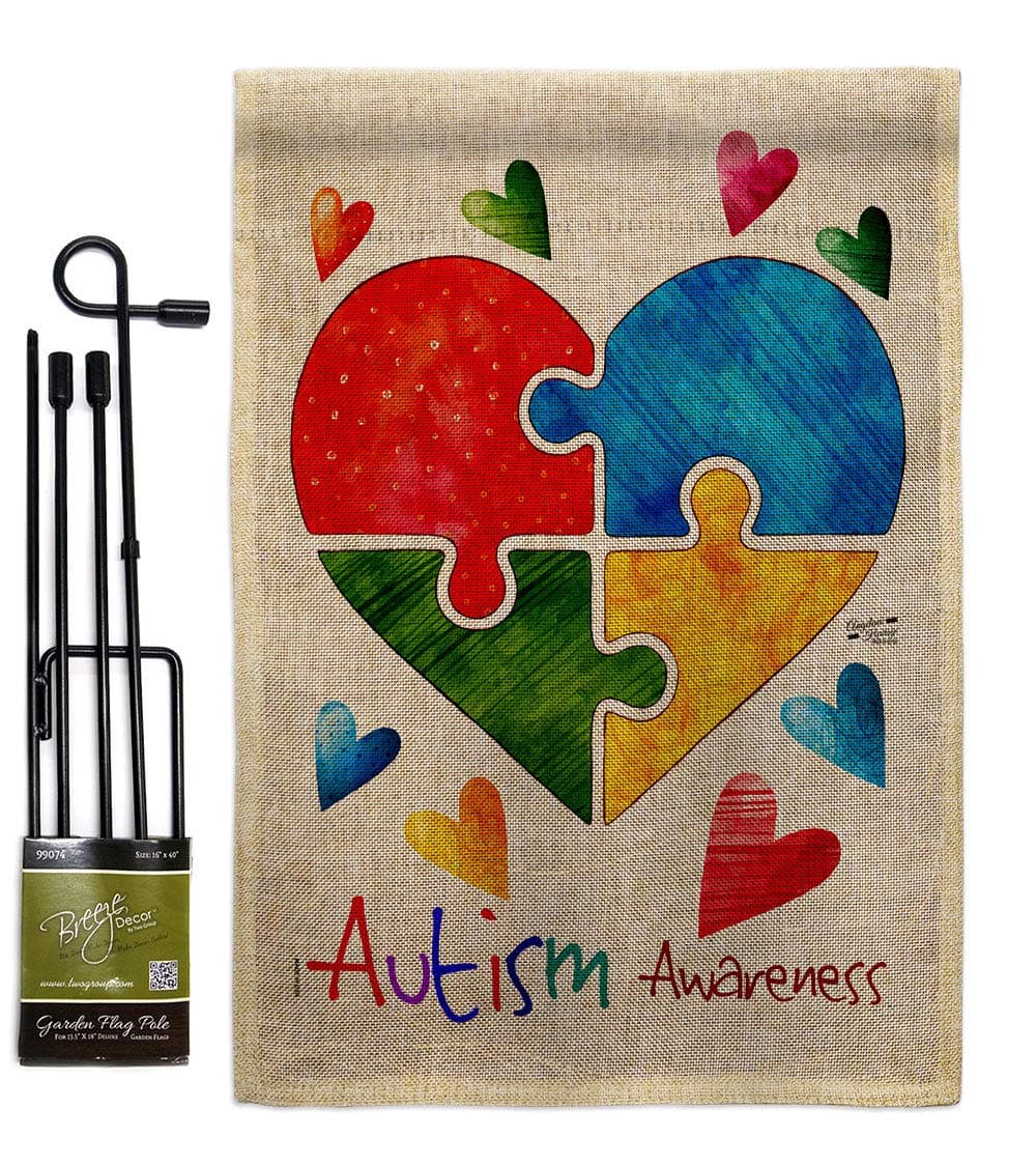 Angeleno Heritage Autism Love Burlap Garden Flag Set with Stand Support Awareness Inspirational Survivor Ribbon Prevention Cancer Breast BLM House Banner Small Yard Gift Double-Sided, Made In USA