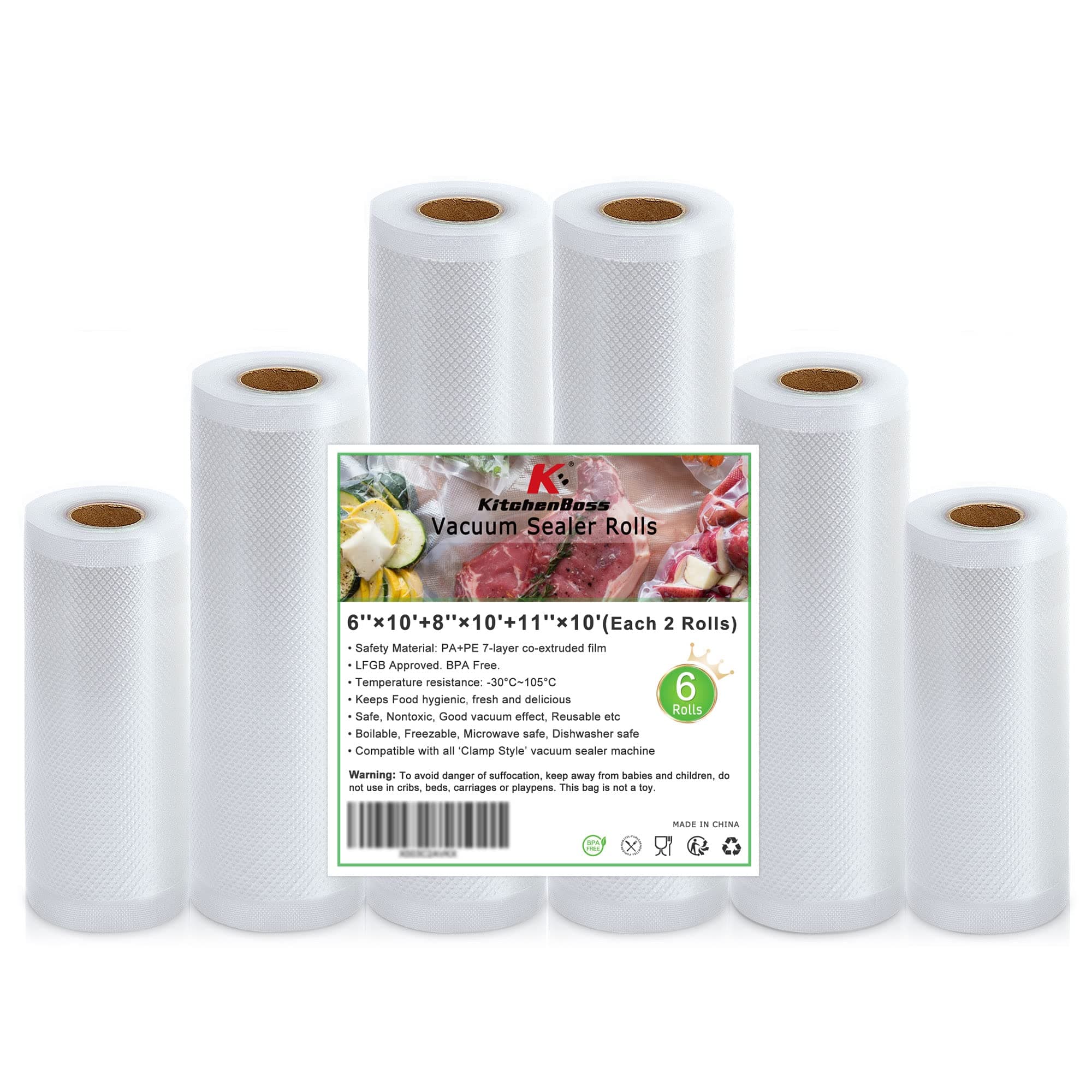 Food Vacuum Sealer Bags Rolls: 80 Feet Food Saver Bags 6 8 11 inch x 16' 5 Rolls, Sous Vide Vac Pack Seal Bag KitchenBoss