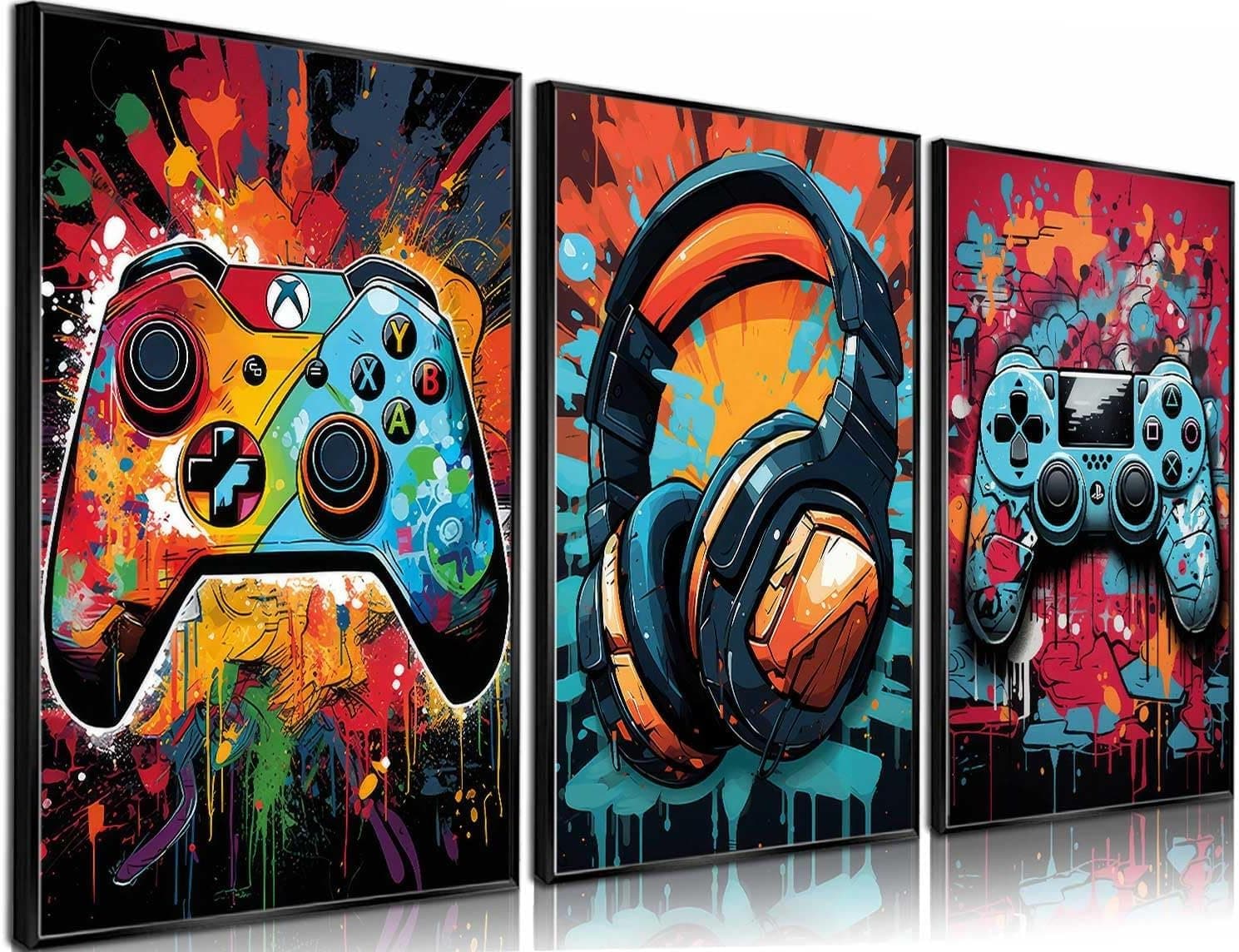 NBYARTQ 3 piezas de arte de pared de juego con mango de videojuego a color,con graffiti,póster temático,decoración de habitación,luz de neón,impresiones de imagen para niños,jóvenes,máquina de juego