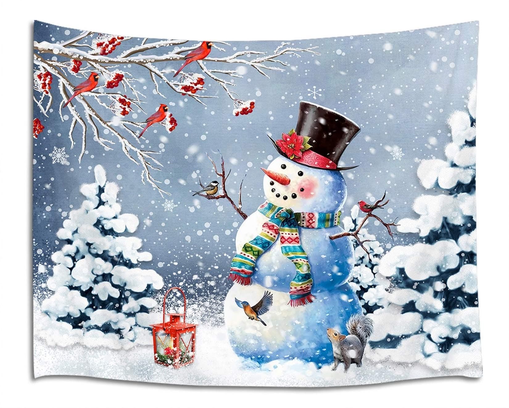 LB Christmas Snowman Tapestry Xmas Tree Winter Snow Scenery Tapestry Wall Hanging Outdoor Bird Cardinals Squirrel Snowflake Tapestry for Bedroom Living Room Dorm Decorations Wall Art Decor 80x60 inch