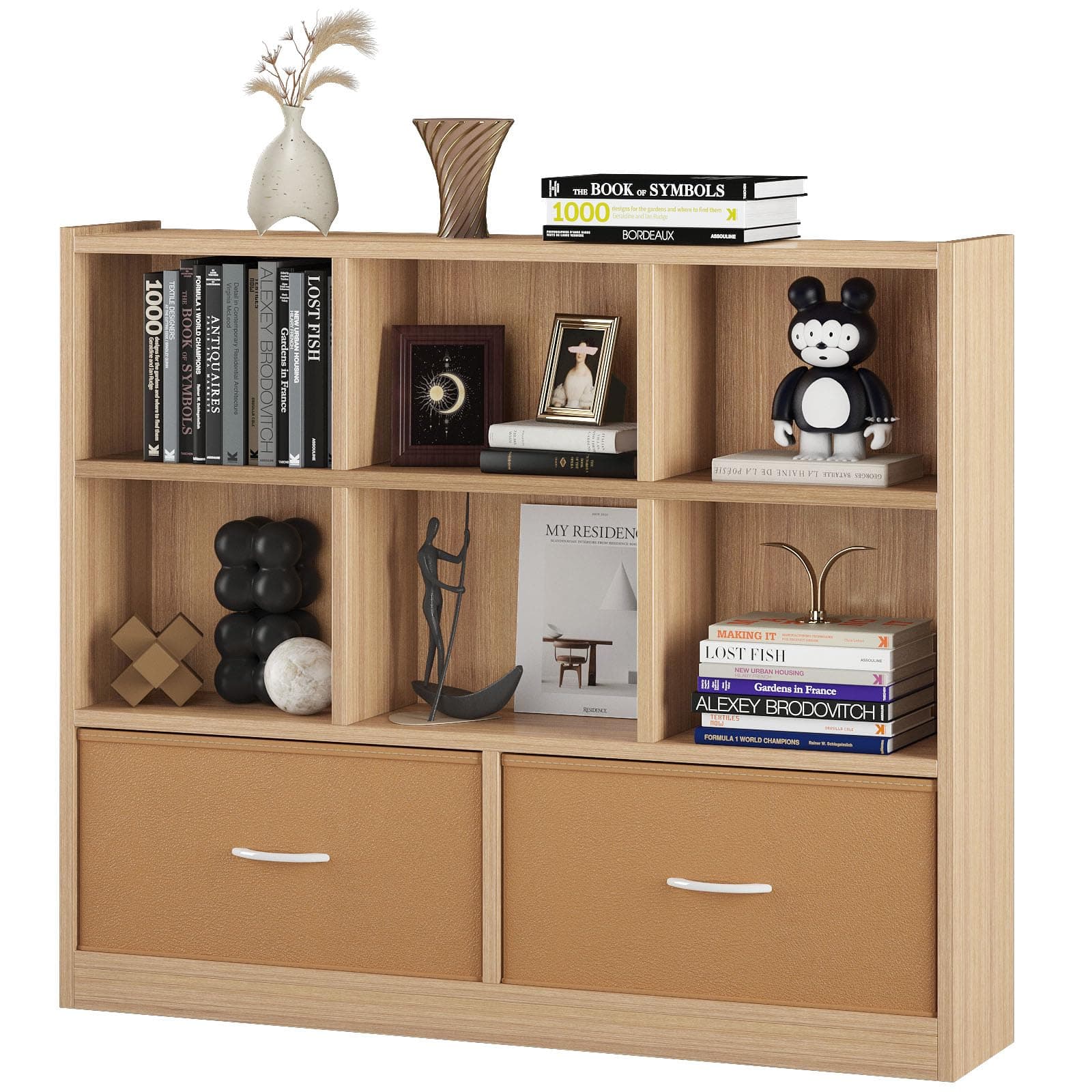 44" Wide Storage Bookshelf, Open Cubby Bookcase with Drawers, Natural
