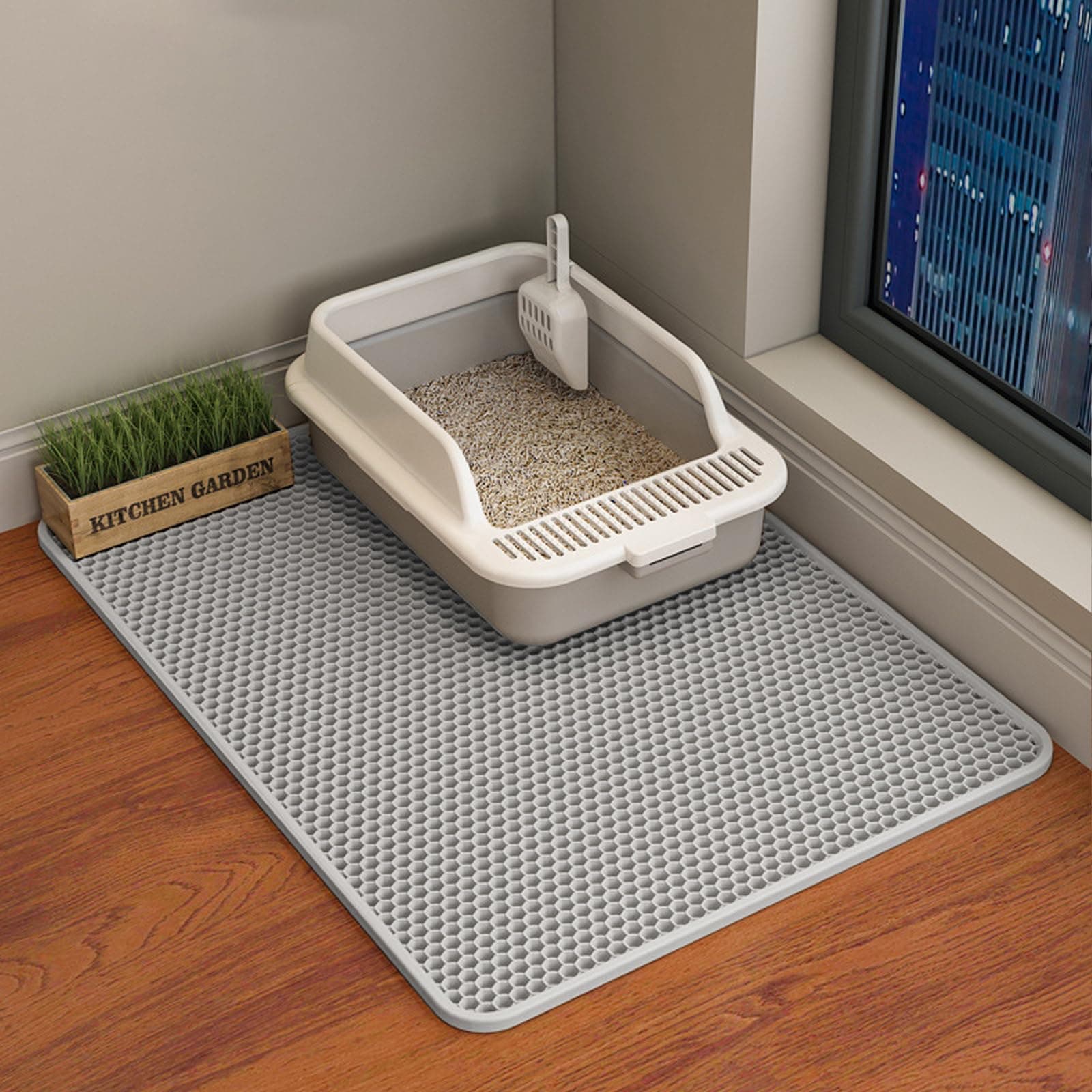 HCY&WLD Cat Litter Mat, Double Layer Cat Litter Box Mat (30x22 Inch, Gray)