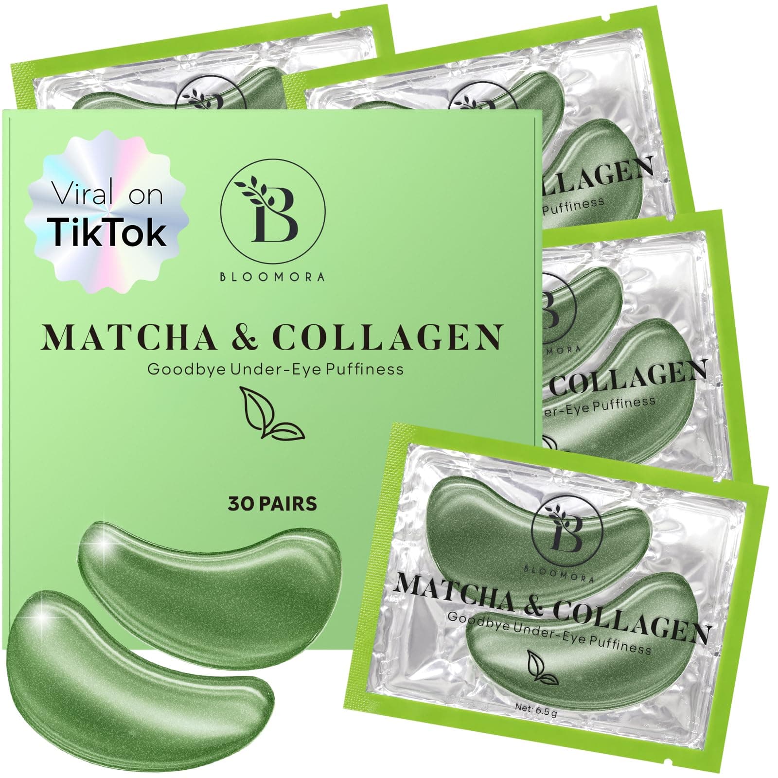 BLOOMORA Matcha & Collagen Under Eye Patches (30 Pairs) - Dark Circles & Puffiness Care - Nourishing Eye Mask for Care