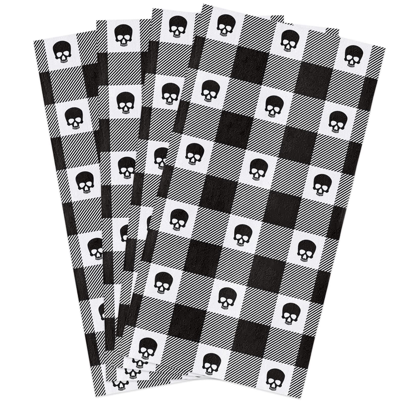 Microfiber Kitchen Towels 4pcs, Halloween Skull, Super Absorbent Dish Towels for Kitchen/Bathroom Decor and Bar Towels,Soft Resuable Dish Towels Cloths Washable Fast Drying, Buffalo Plaid Black White