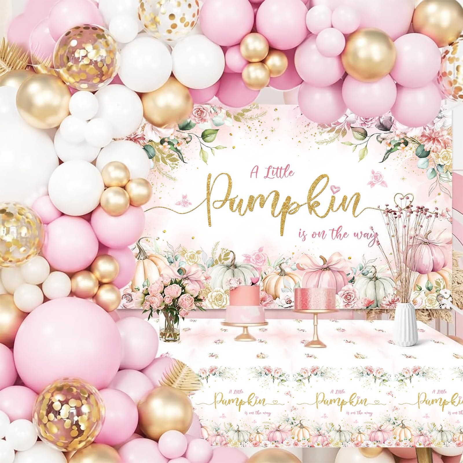 MEHOFOND Fall Pumpkin Baby Shower Decorations, Pink Little Pumpkin Balloons Garland Arch Kit, Autumn Theme Baby Shower Party Supplies 127Pcs with Baby Girl Shower Tablecloth and Floral Pumpkin Banner