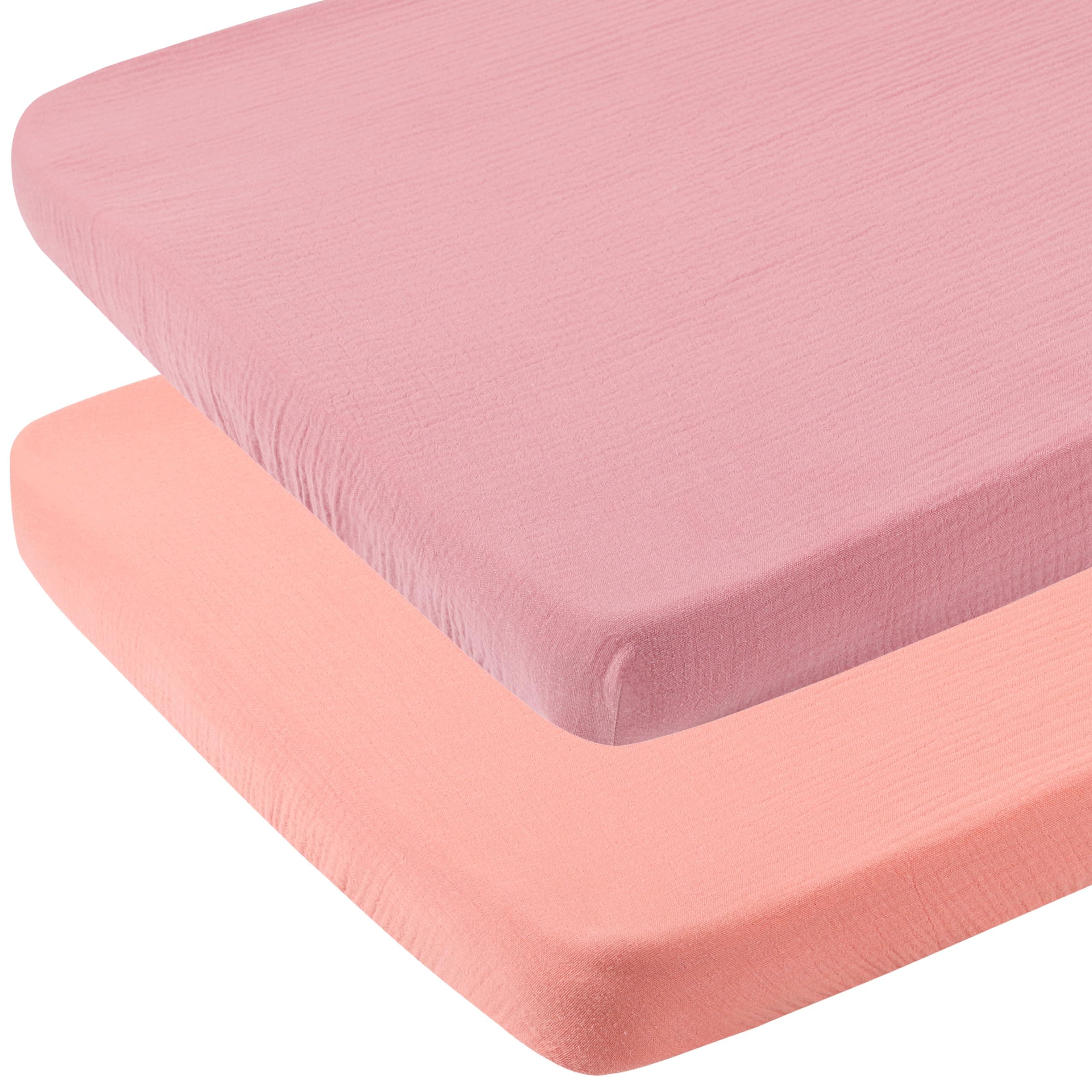 Onacosht Muslin Bassinet Sheets 35" X 20" Compatiable with AMKE 3 in 1 Bassinets, MiClassic, Uiuwoo, Foalom, YADAQE, Milliard and TCBunny Bassinet, 100% Cotton 2 Pack, Pink and Pastel Violet