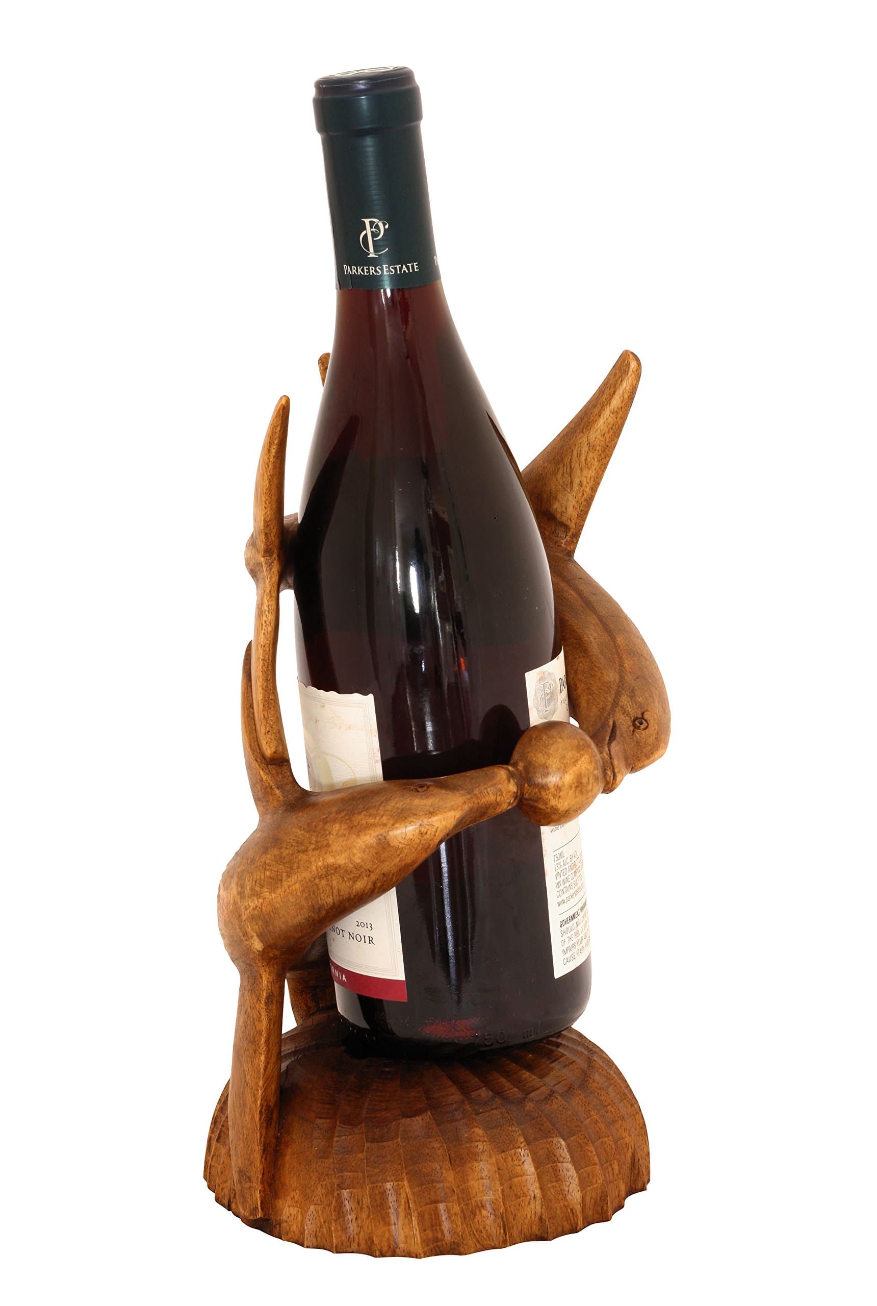 G6 COLLECTION 12" Wooden Handmade Wine Rack Bottle Holder Free Standing Dolphin Wood Rustic Hand Carved Home Decor Accent Decoration Gift Bar Art Handcrafted Decorative Artwork Two Dolphins Wine