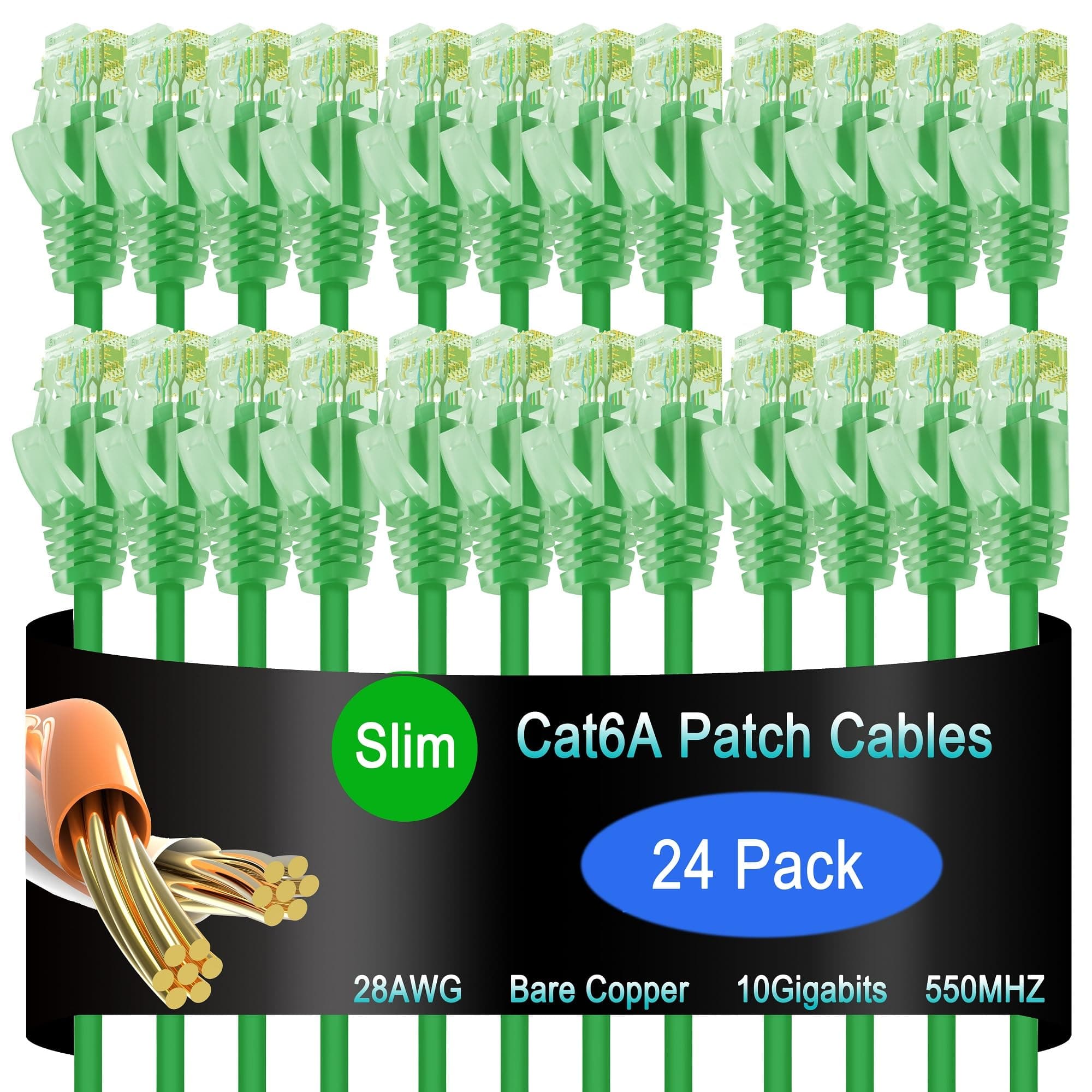 Lysymixs Cat6a Slim Ethernet Patch Cable 1.5 ft (24 Pack), Cat6a Patch Cable for Data Centers, Cat 6 Patch Cable 10G, Network Patch Cables for Home and Enterprise Network -Green