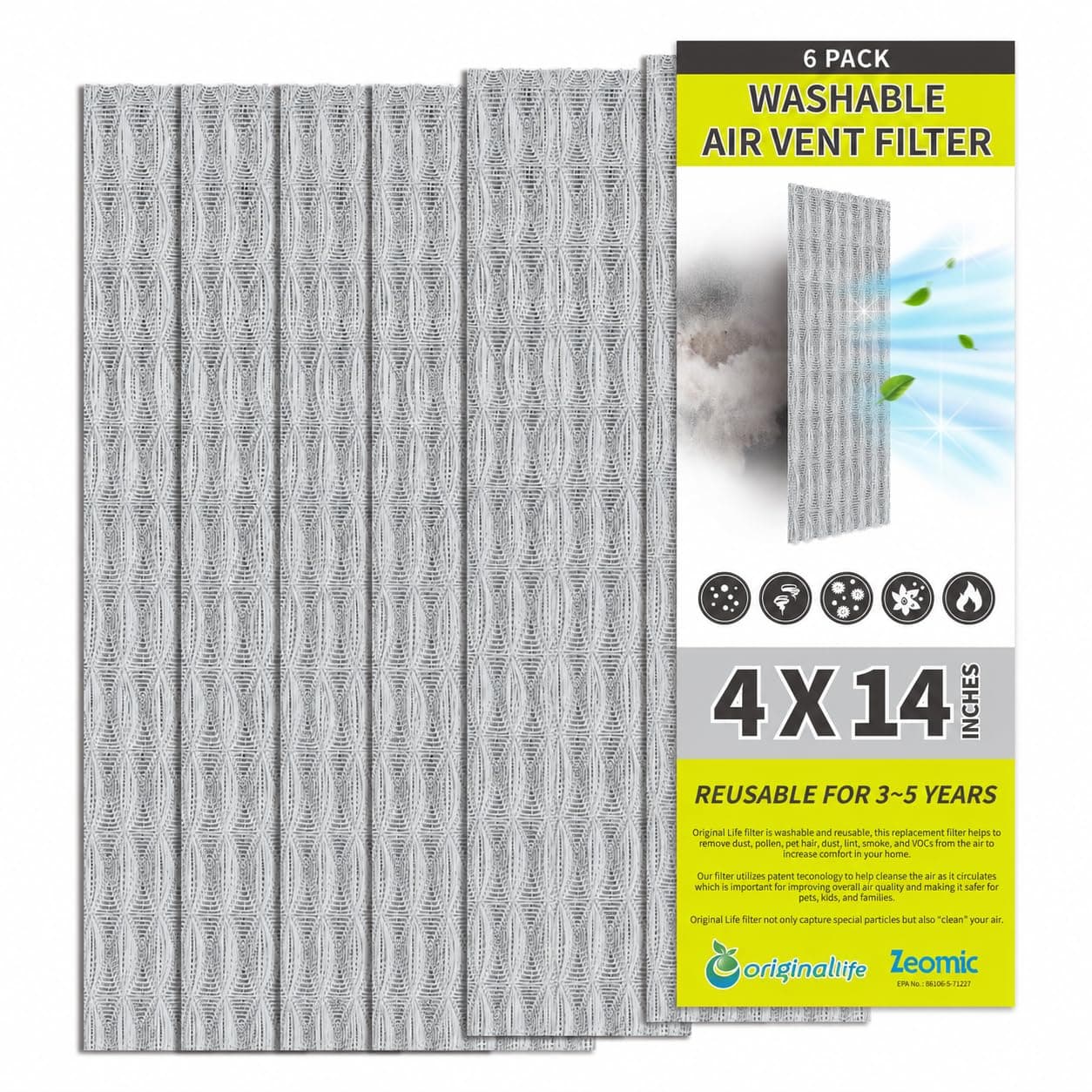 Originallife Washable Reusable Air Vent Filter, 6-Pack (grey, 4x14)